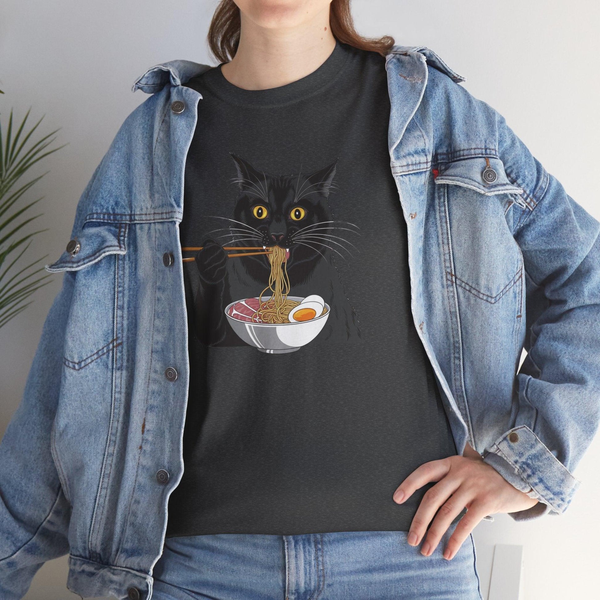 Funny Black Cat Eating Ramen T-Shirt – Cute Kawaii Japanese Tee - Stylfer