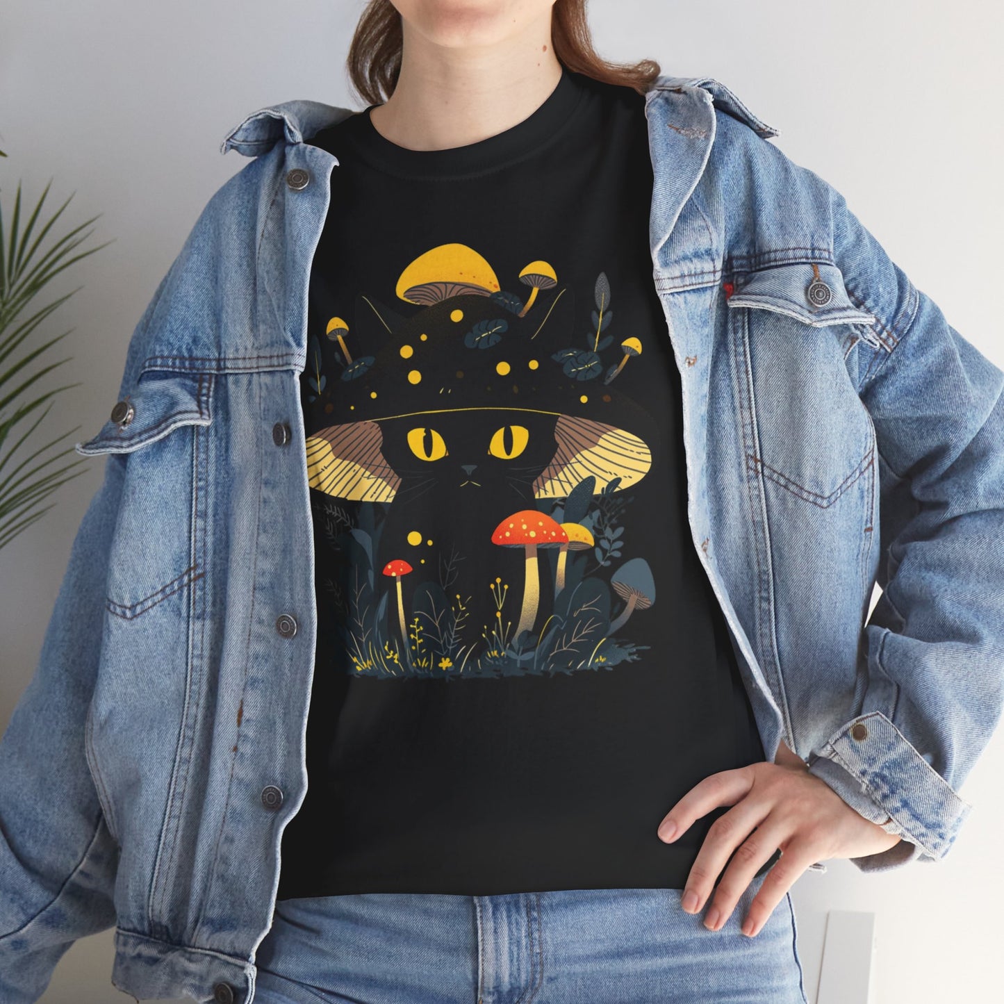 Black Cat Mushroom T-Shirt - Cottagecore Graphic Tee for Cat Lovers