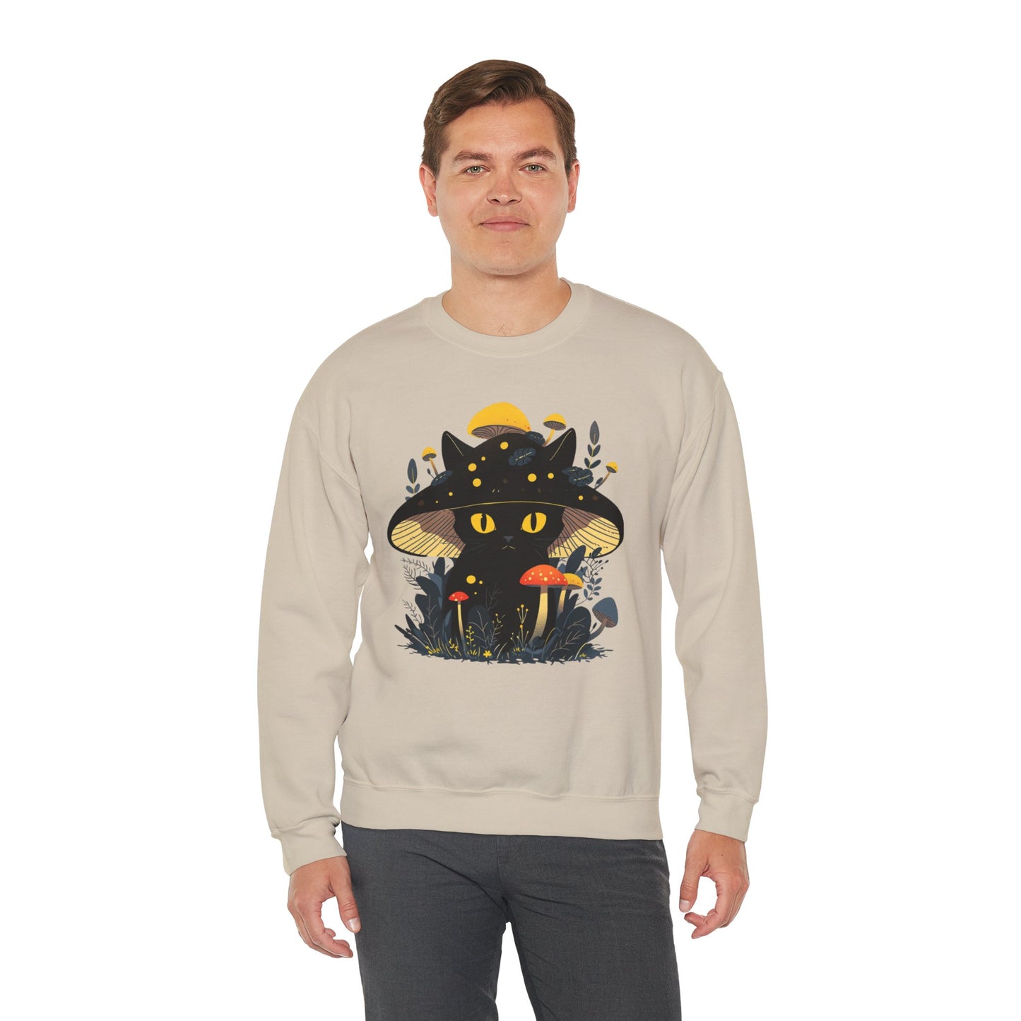 Black Cat Mushroom Sweatshirt - Cozy Cottagecore Cat Mom Top