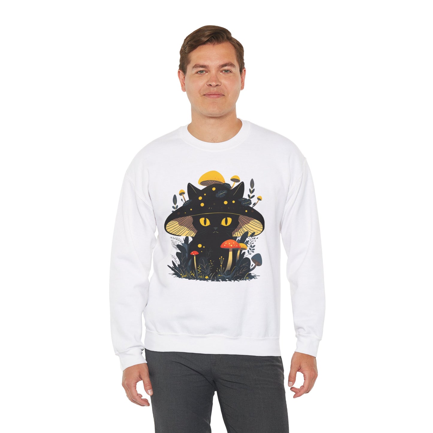 Black Cat Mushroom Sweatshirt - Cozy Cottagecore Cat Mom Top