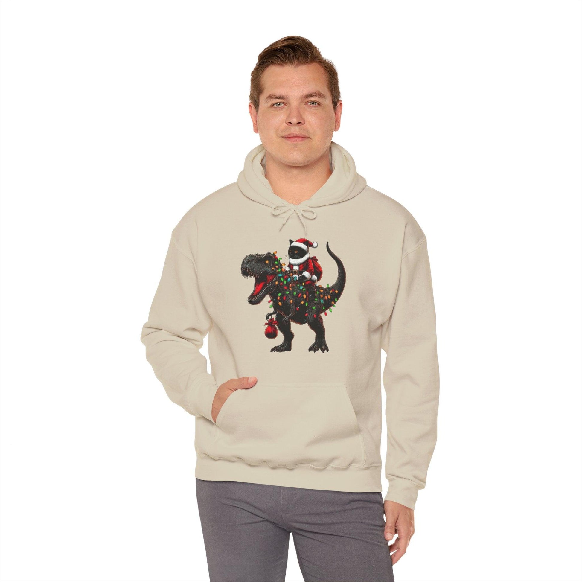 Black Cat Santa T-Rex Hoodie | Funny Christmas Dinosaur Sweatshirt - Stylfer