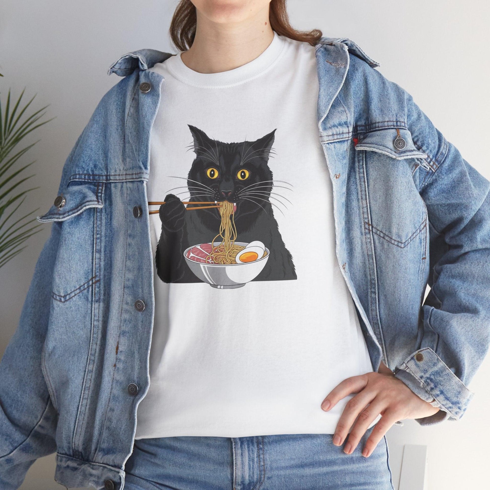 Funny Black Cat Eating Ramen T-Shirt – Cute Kawaii Japanese Tee - Stylfer