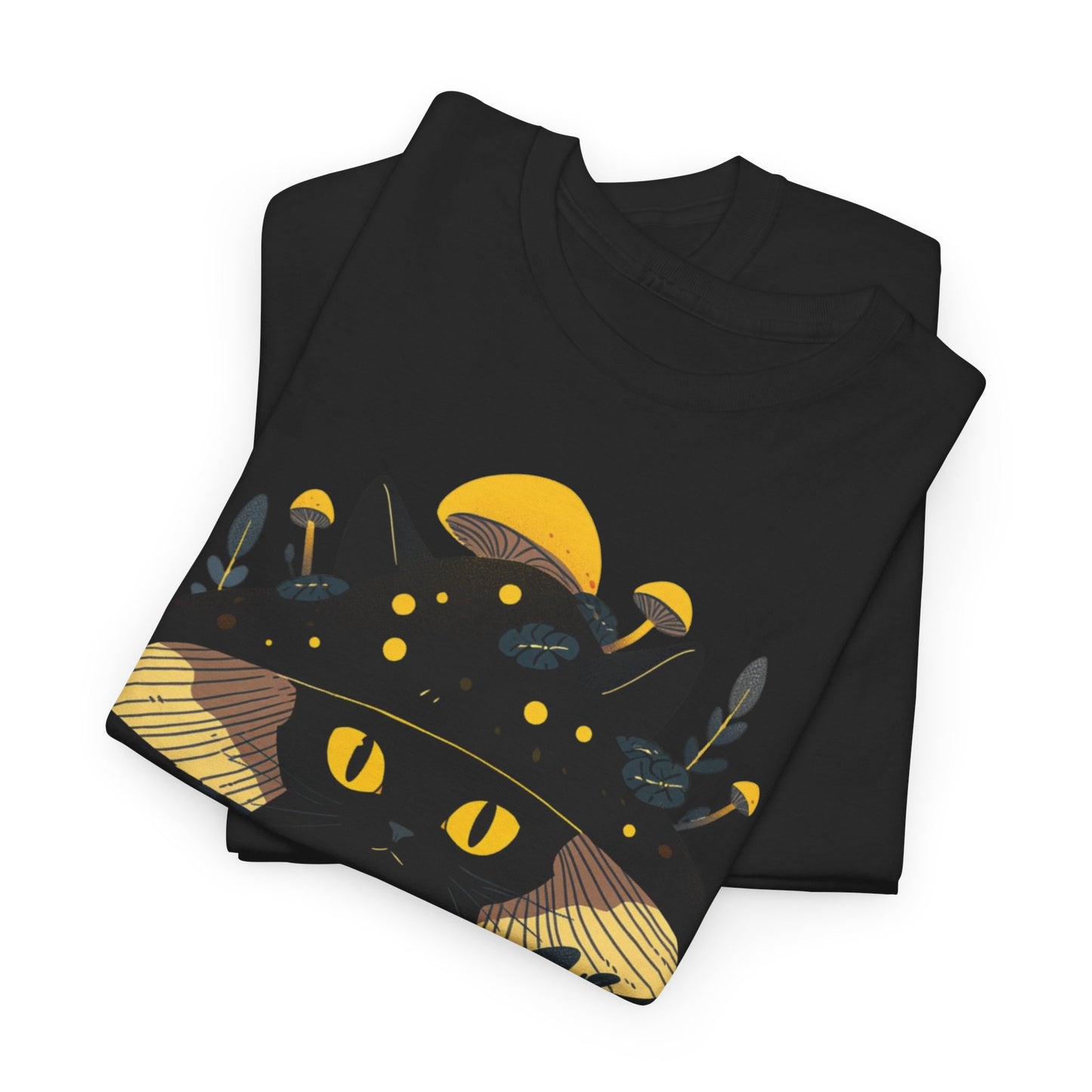 Black Cat Mushroom T-Shirt - Cottagecore Graphic Tee for Cat Lovers