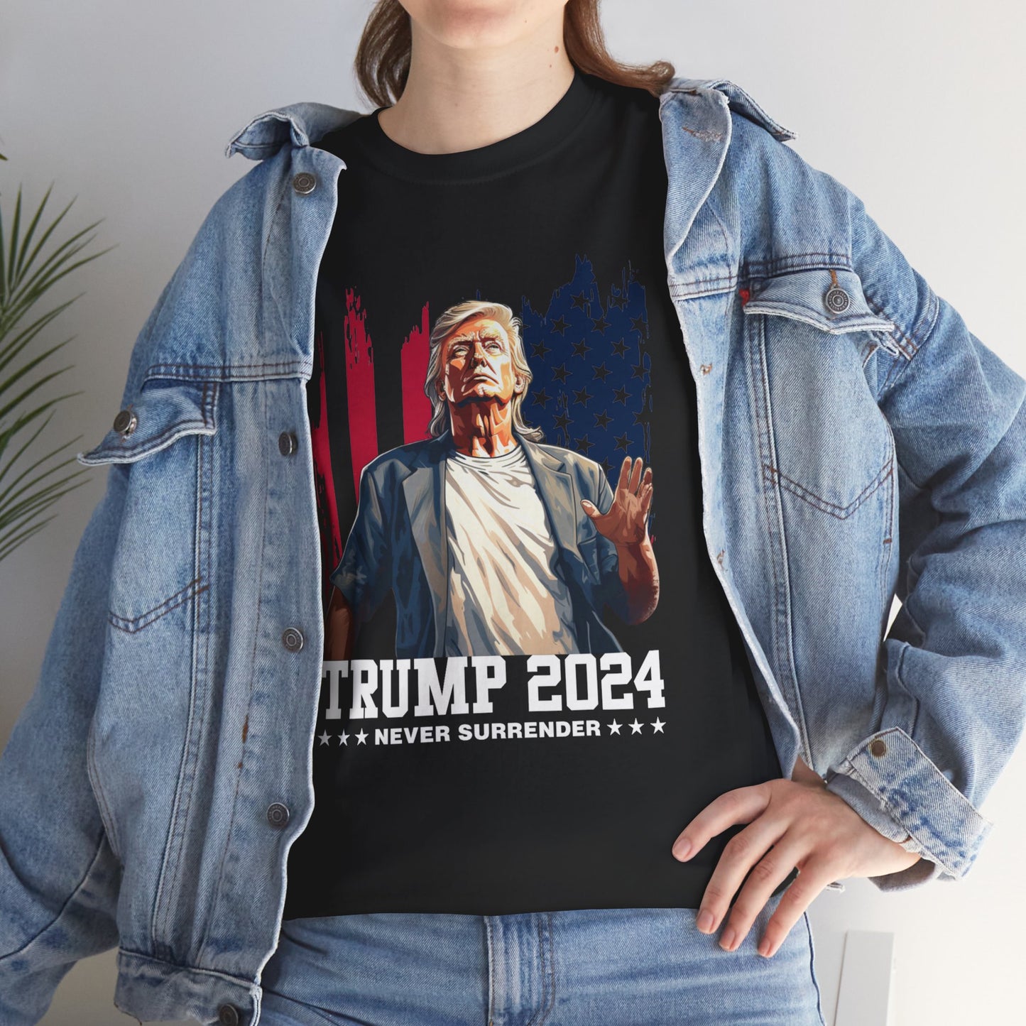 Trump 2024 Never Surrender T-Shirt – Patriotic Graphic Tee