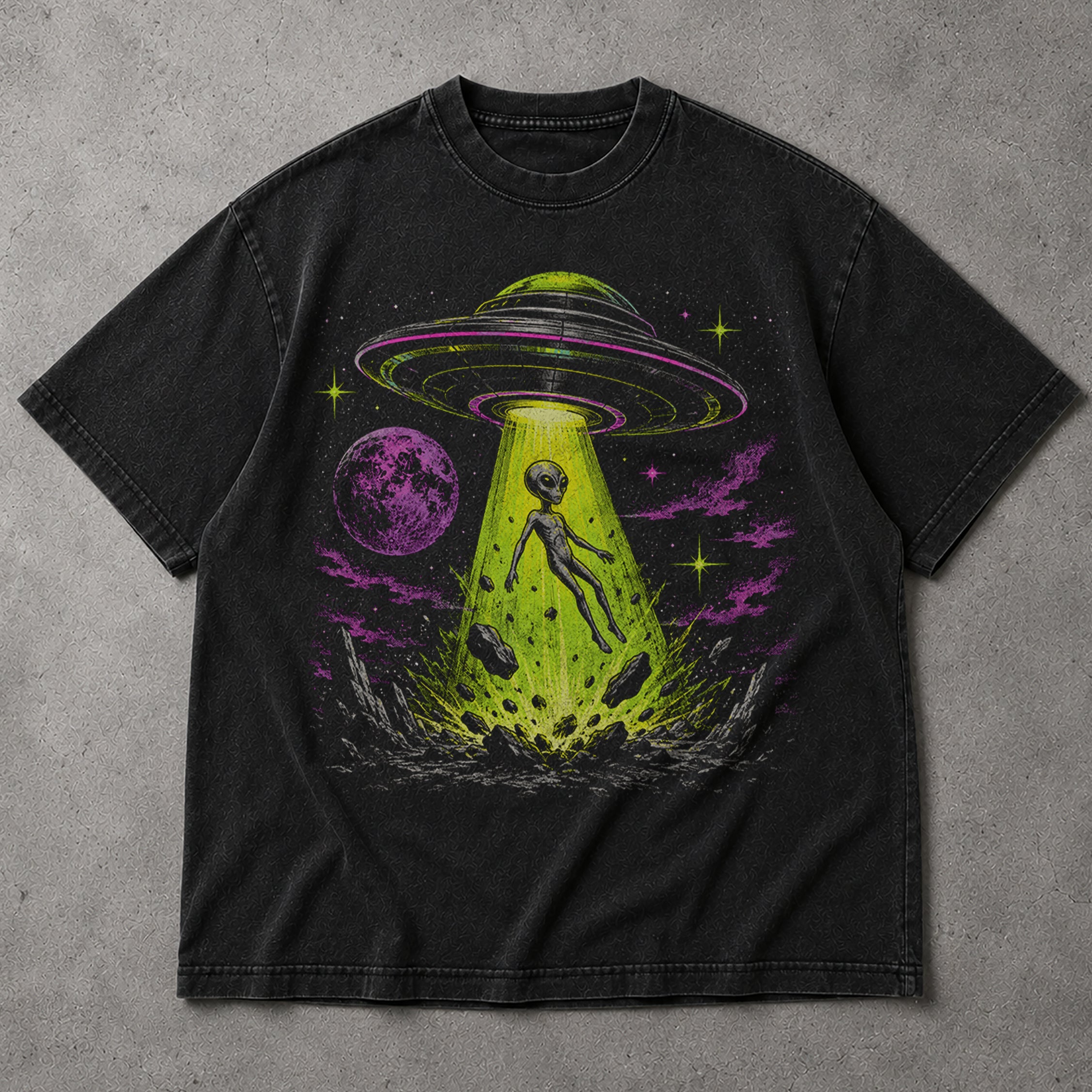 SF_COLOR=black; SF_ITEM=adult-t-shirt; SF_ROLE=main; Alien Abduction UFO T-Shirt Neon Tractor Beam Space Moon Sci Fi Apparel - Black Adult T-Shirt product image