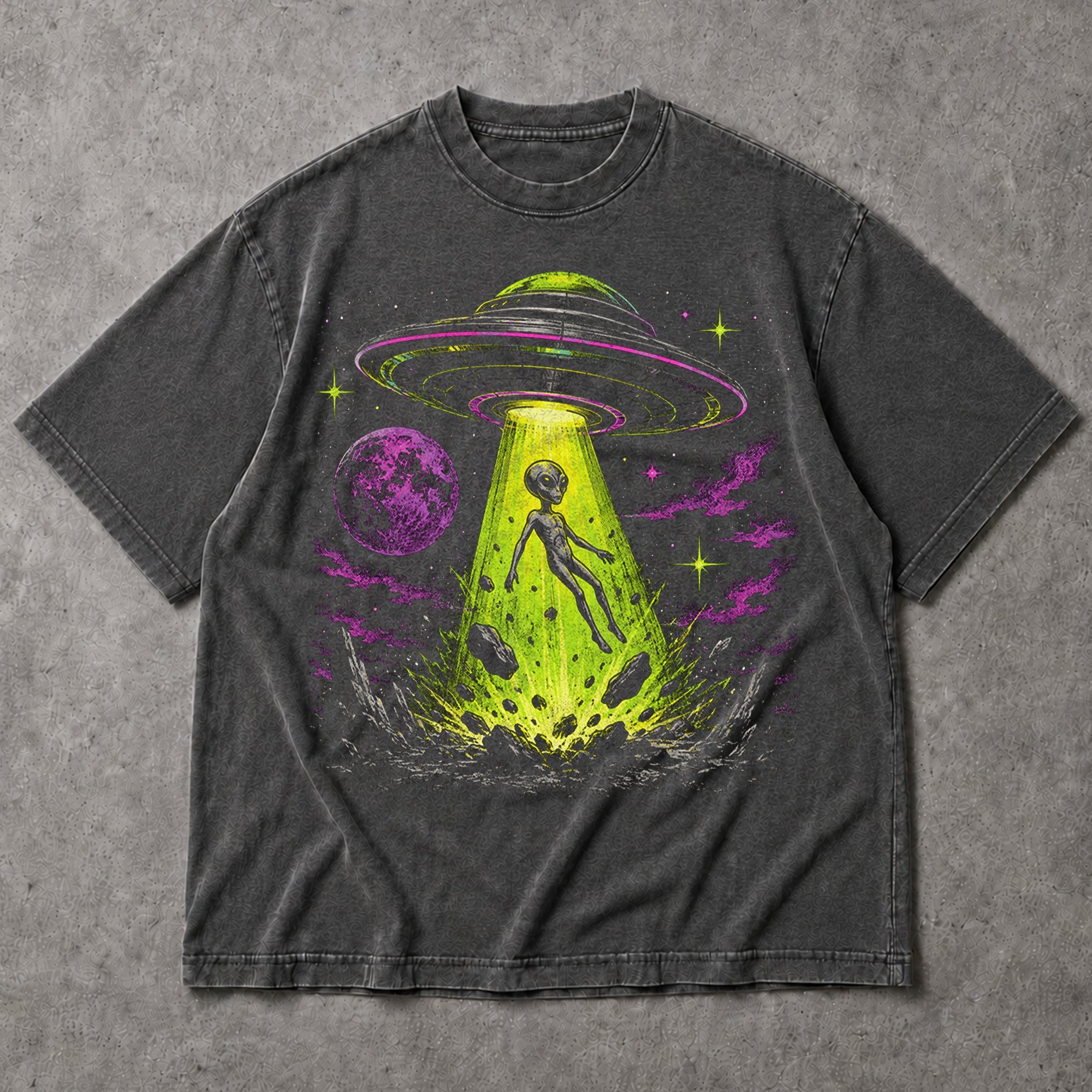 SF_COLOR=dark-heather; SF_ITEM=adult-t-shirt; SF_ROLE=main; Alien Abduction UFO T-Shirt Neon Tractor Beam Space Moon Sci Fi Apparel - Dark Heather Adult T-Shirt product image