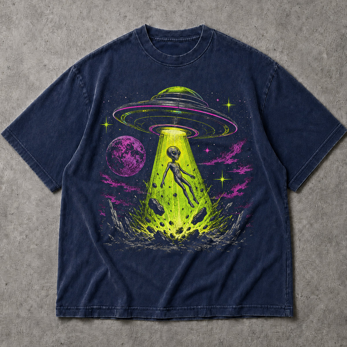 SF_COLOR=navy; SF_ITEM=adult-t-shirt; SF_ROLE=main; Alien Abduction UFO T-Shirt Neon Tractor Beam Space Moon Sci Fi Apparel - Navy Adult T-Shirt product image