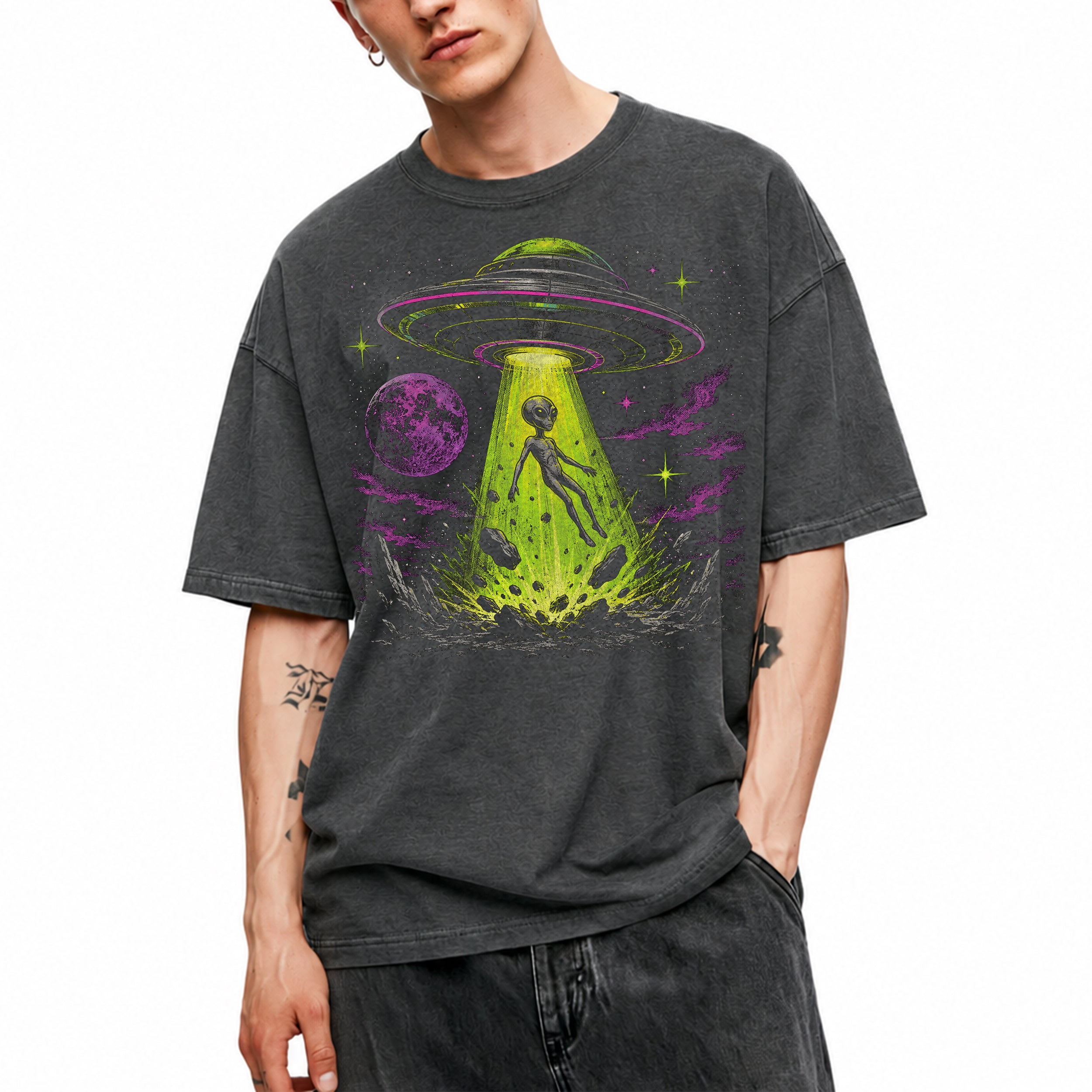 SF_COLOR=dark-heather; SF_ITEM=adult-t-shirt; SF_ROLE=gallery; Alien Abduction UFO T-Shirt Neon Tractor Beam Space Moon Sci Fi Apparel - Dark Heather Adult T-Shirt product image