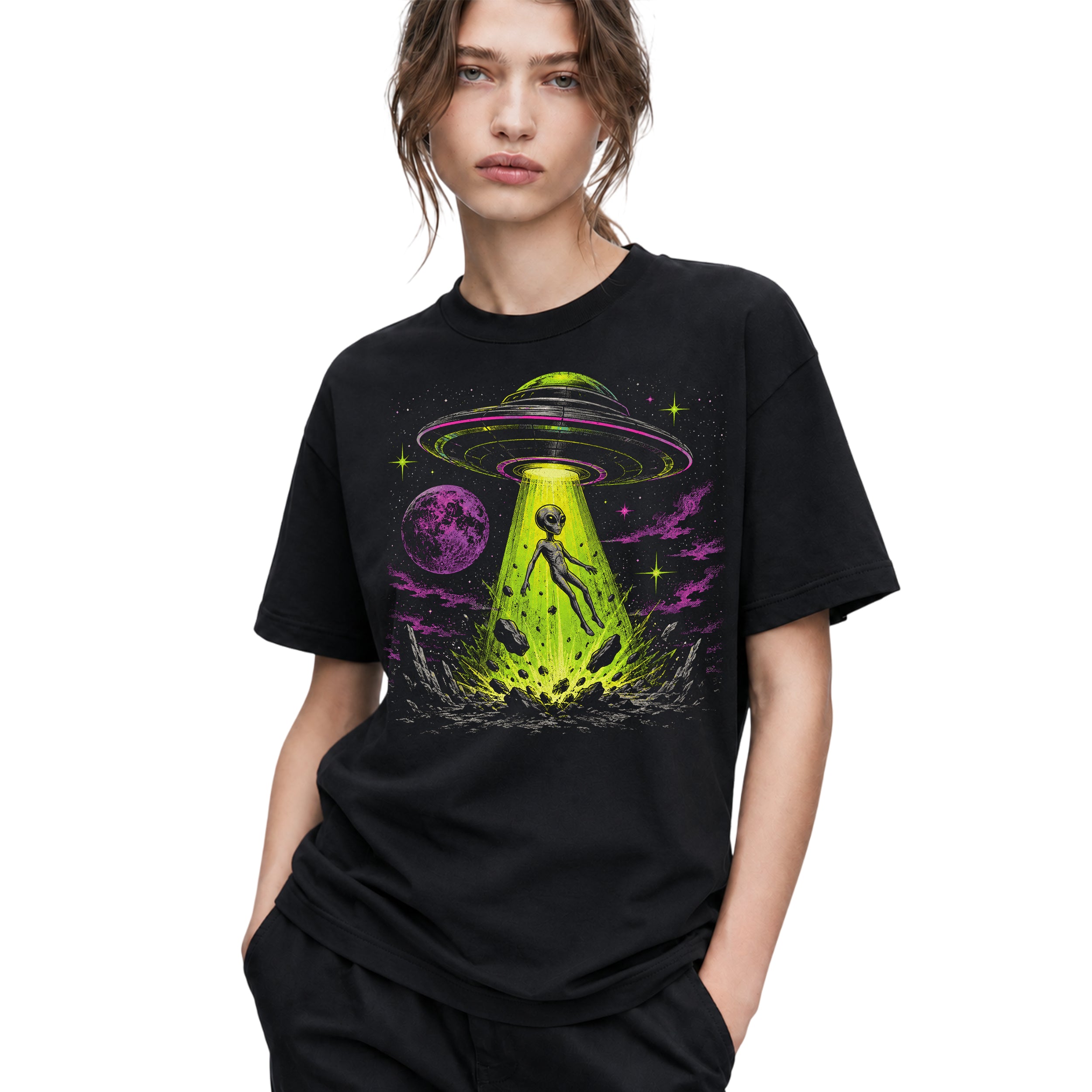 SF_COLOR=black; SF_ITEM=adult-t-shirt; SF_ROLE=gallery; Alien Abduction UFO T-Shirt Neon Tractor Beam Space Moon Sci Fi Apparel - Black Adult T-Shirt product image
