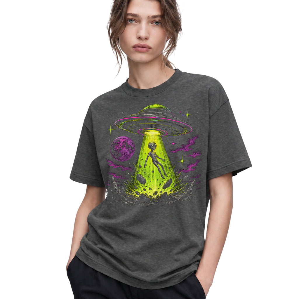 SF_COLOR=dark-heather; SF_ITEM=adult-t-shirt; SF_ROLE=gallery; Alien Abduction UFO T-Shirt Neon Tractor Beam Space Moon Sci Fi Apparel - Dark Heather Adult T-Shirt product image