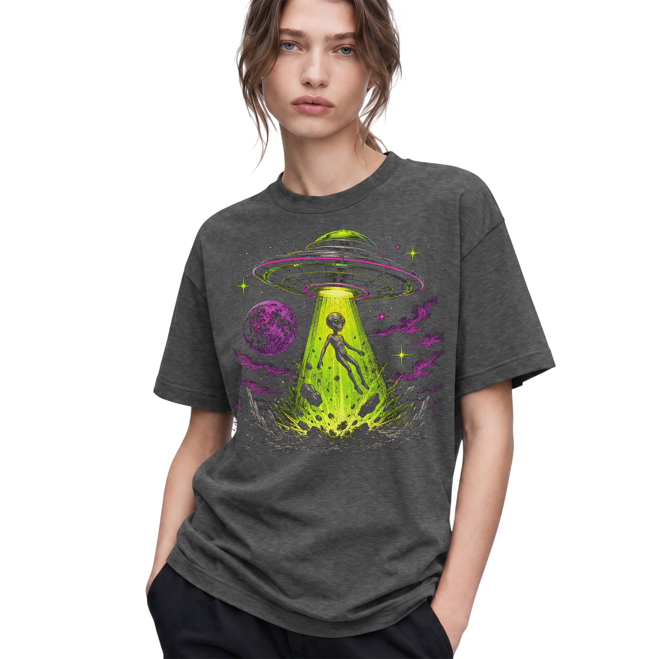 SF_COLOR=dark-heather; SF_ITEM=adult-t-shirt; SF_ROLE=gallery; Alien Abduction UFO T-Shirt Neon Tractor Beam Space Moon Sci Fi Apparel - Dark Heather Adult T-Shirt product image
