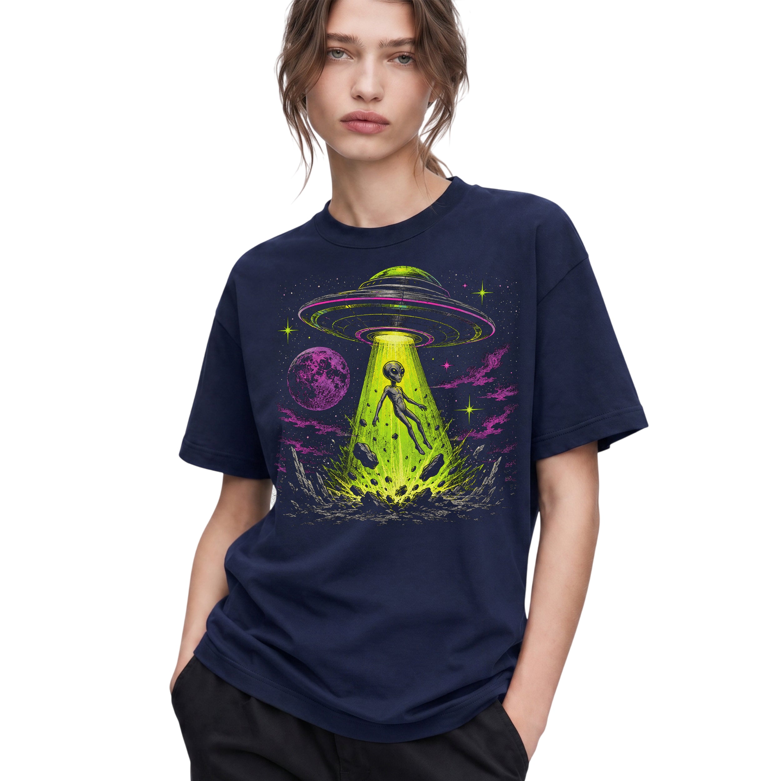 SF_COLOR=navy; SF_ITEM=adult-t-shirt; SF_ROLE=gallery; Alien Abduction UFO T-Shirt Neon Tractor Beam Space Moon Sci Fi Apparel - Navy Adult T-Shirt product image