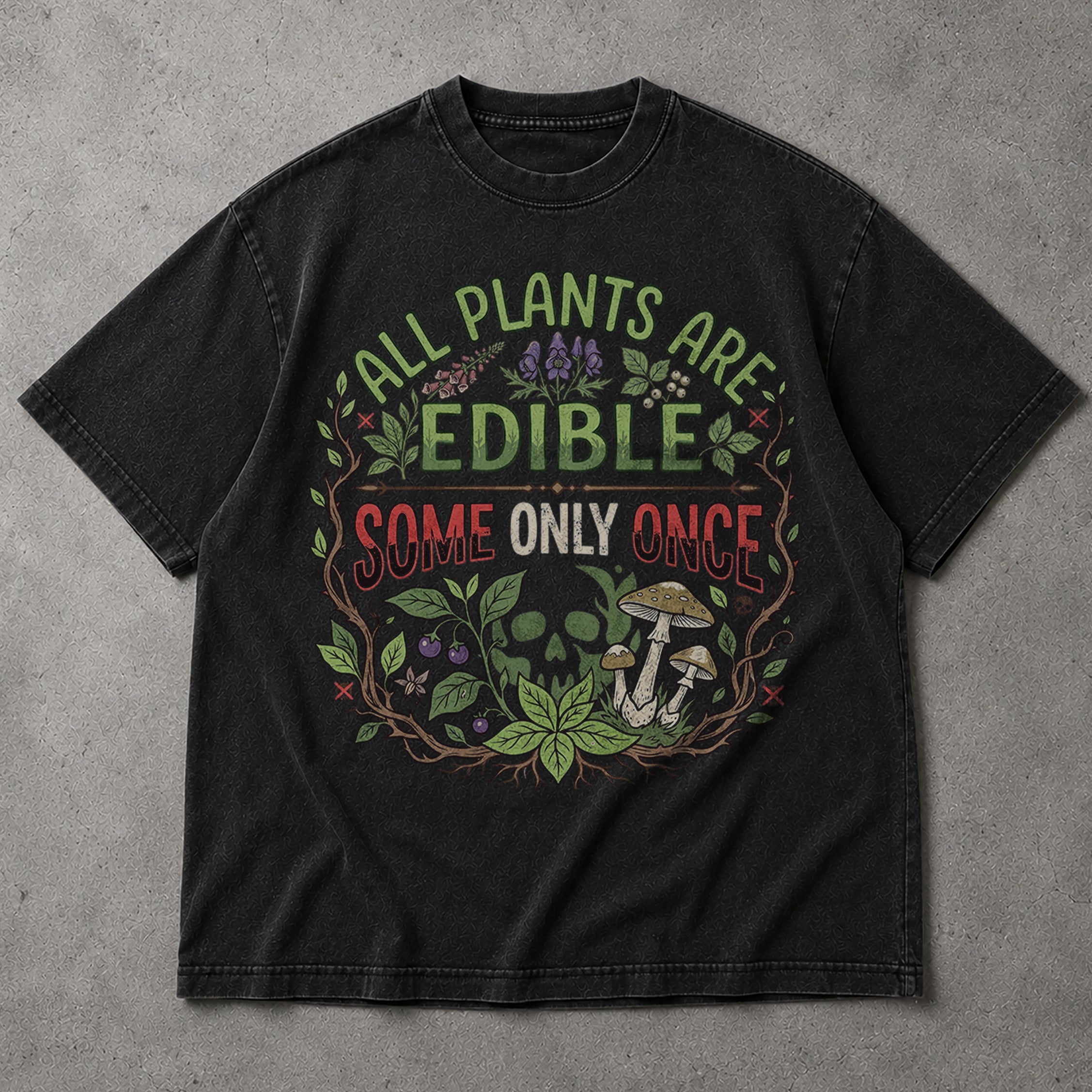 SF_COLOR=black; SF_ITEM=adult-t-shirt; SF_ROLE=main; All Plants Are Edible Mushrooms T-Shirt Skull Poisonous Plants Graphic Tee - Black Adult T-Shirt product image