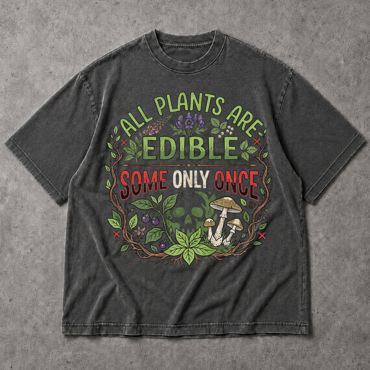 SF_COLOR=dark-heather; SF_ITEM=adult-t-shirt; SF_ROLE=main; All Plants Are Edible Mushrooms T-Shirt Skull Poisonous Plants Graphic Tee - Dark Heather Adult T-Shirt product image
