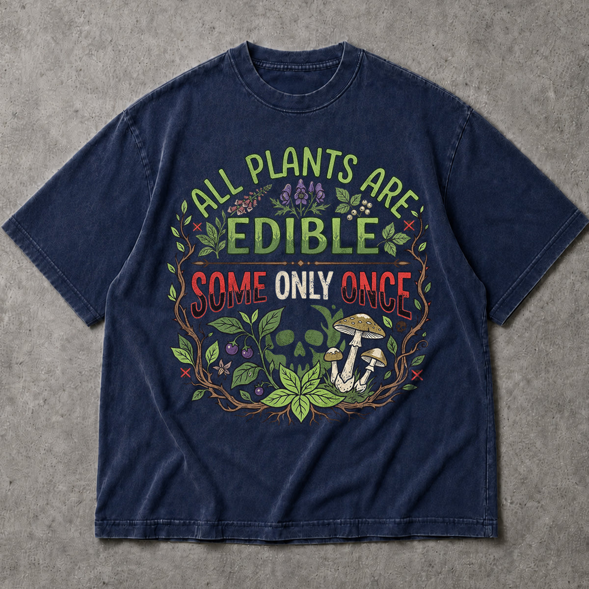 SF_COLOR=navy; SF_ITEM=adult-t-shirt; SF_ROLE=main; All Plants Are Edible Mushrooms T-Shirt Skull Poisonous Plants Graphic Tee - Navy Adult T-Shirt product image