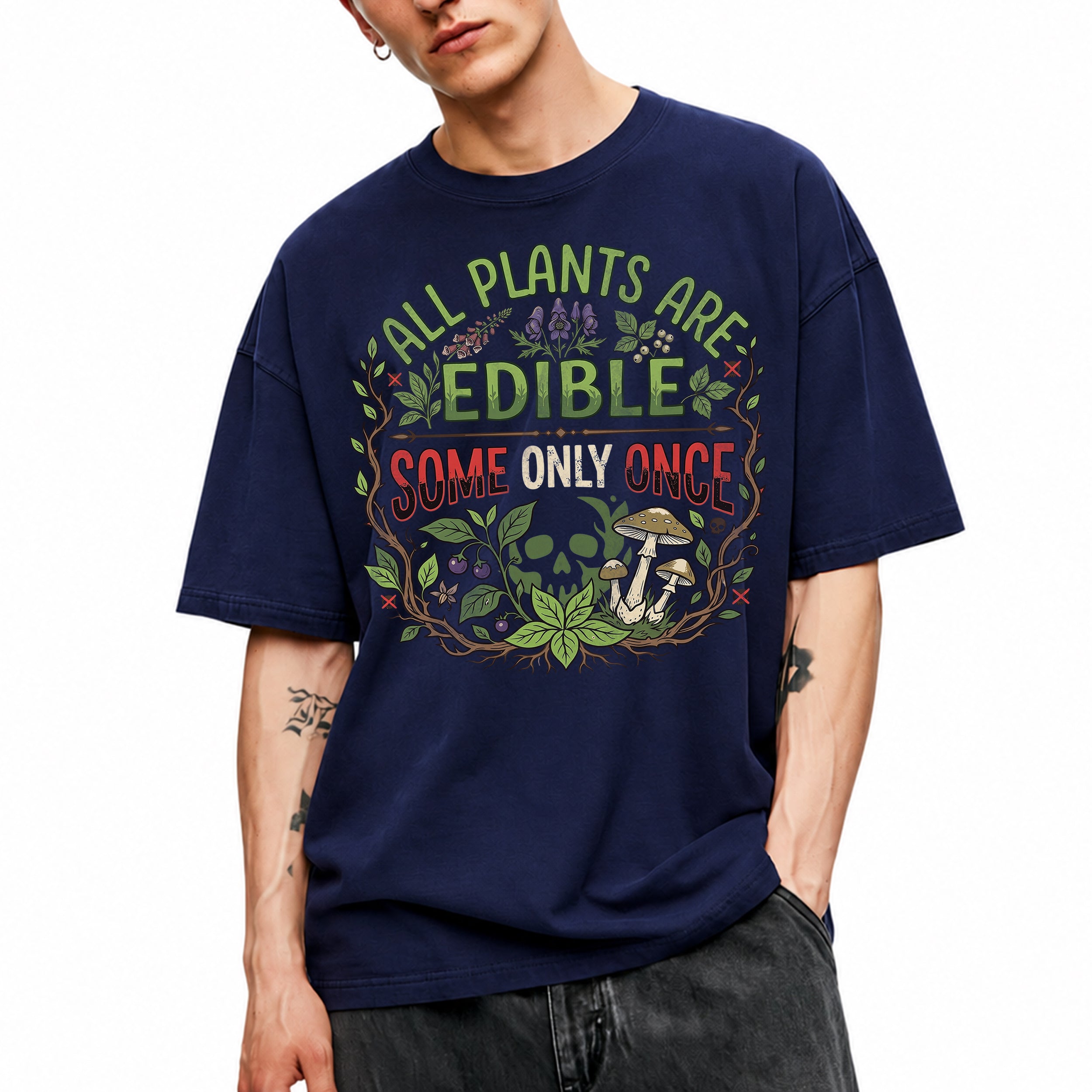 SF_COLOR=navy; SF_ITEM=adult-t-shirt; SF_ROLE=gallery; All Plants Are Edible Mushrooms T-Shirt Skull Poisonous Plants Graphic Tee - Navy Adult T-Shirt product image