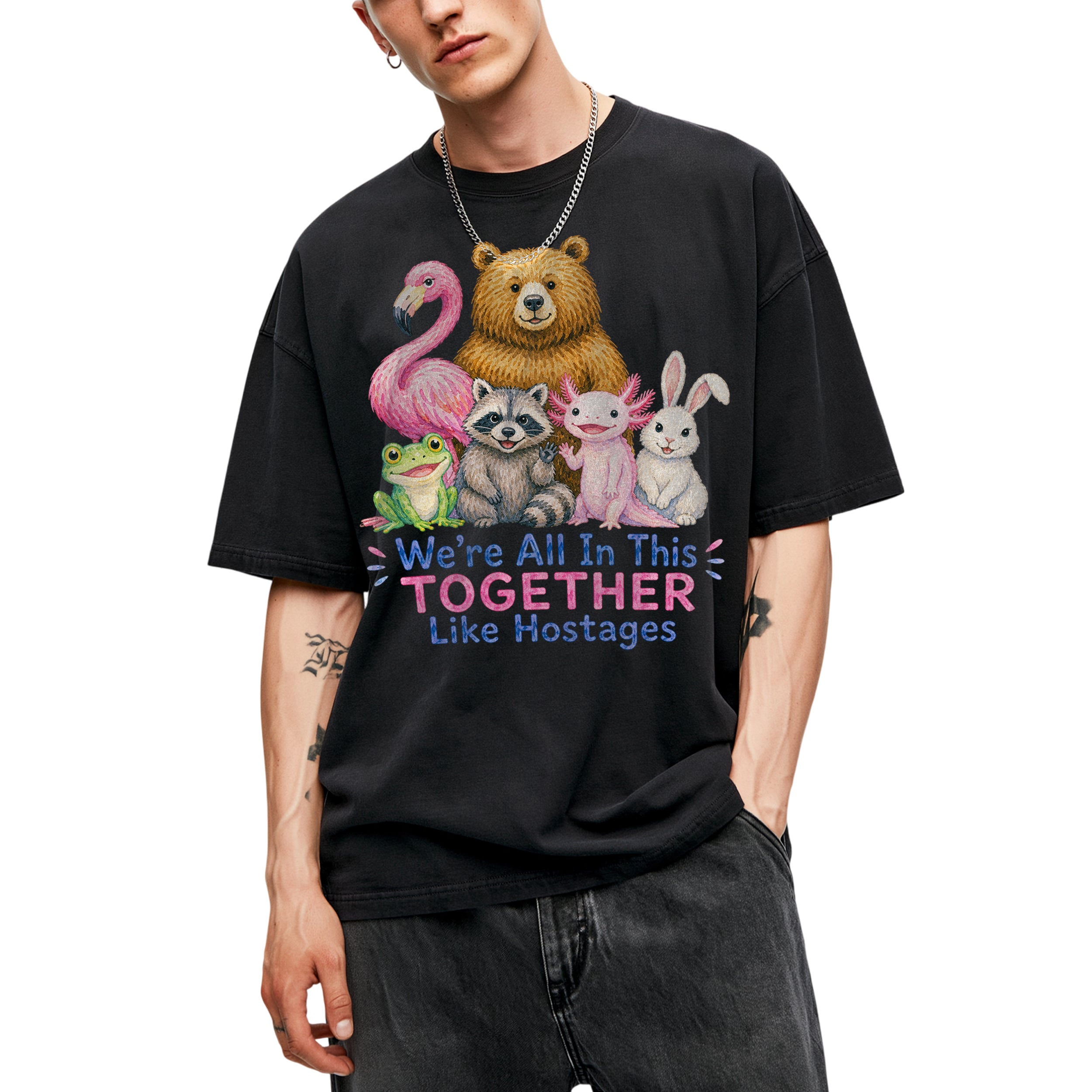 SF_COLOR=black; SF_ITEM=adult-t-shirt; SF_ROLE=main; Animals Together Like Hostages Flamingo Bear T-Shirt Funny Cute Crew Tee - Black Adult T-Shirt product image