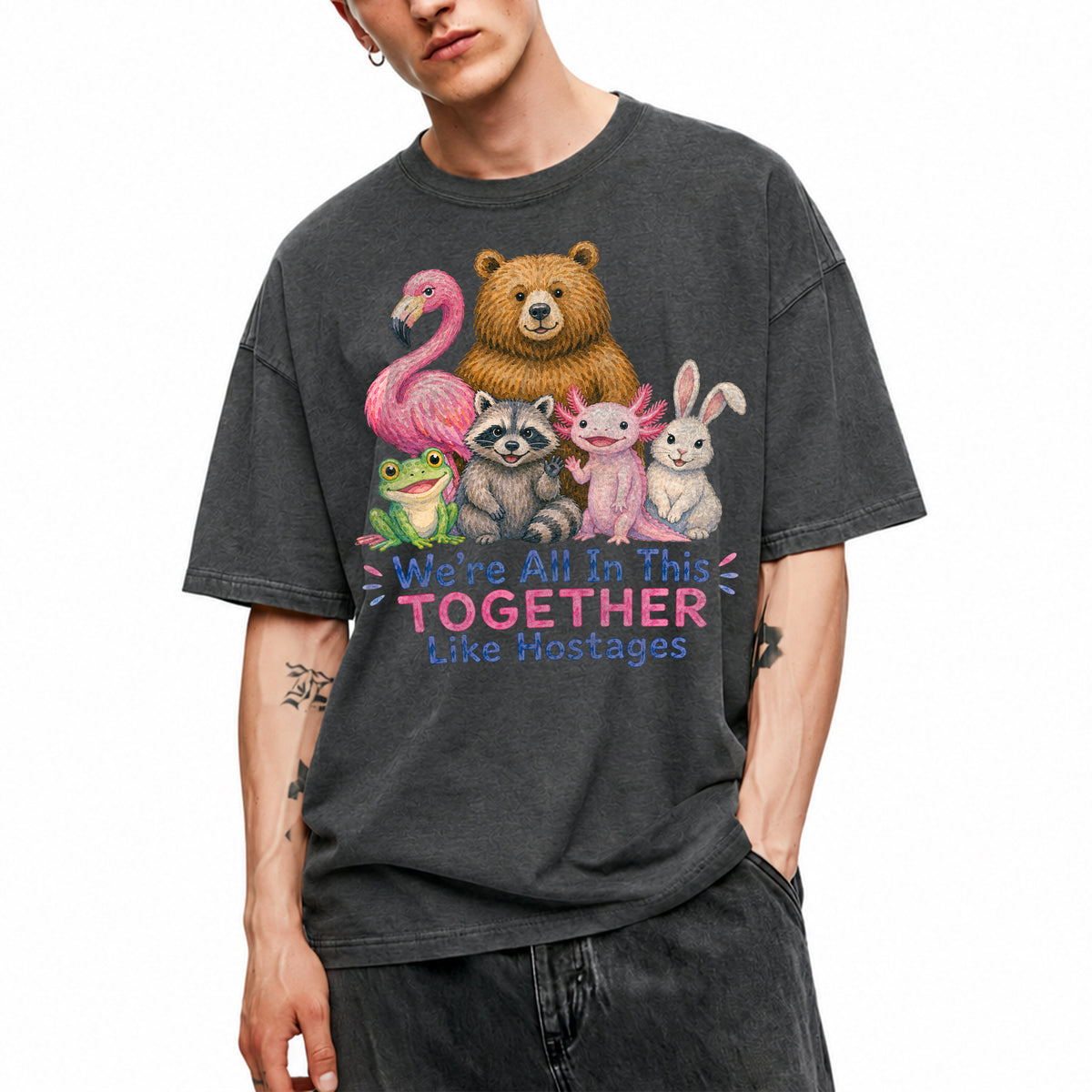 SF_COLOR=dark-heather; SF_ITEM=adult-t-shirt; SF_ROLE=main; Animals Together Like Hostages Flamingo Bear T-Shirt Funny Cute Crew Tee - Dark Heather Adult T-Shirt product image