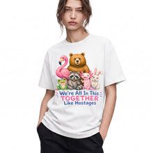 SF_COLOR=white; SF_ITEM=adult-t-shirt; SF_ROLE=gallery; Animals Together Like Hostages Flamingo Bear T-Shirt Funny Cute Crew Tee - White Adult T-Shirt product image