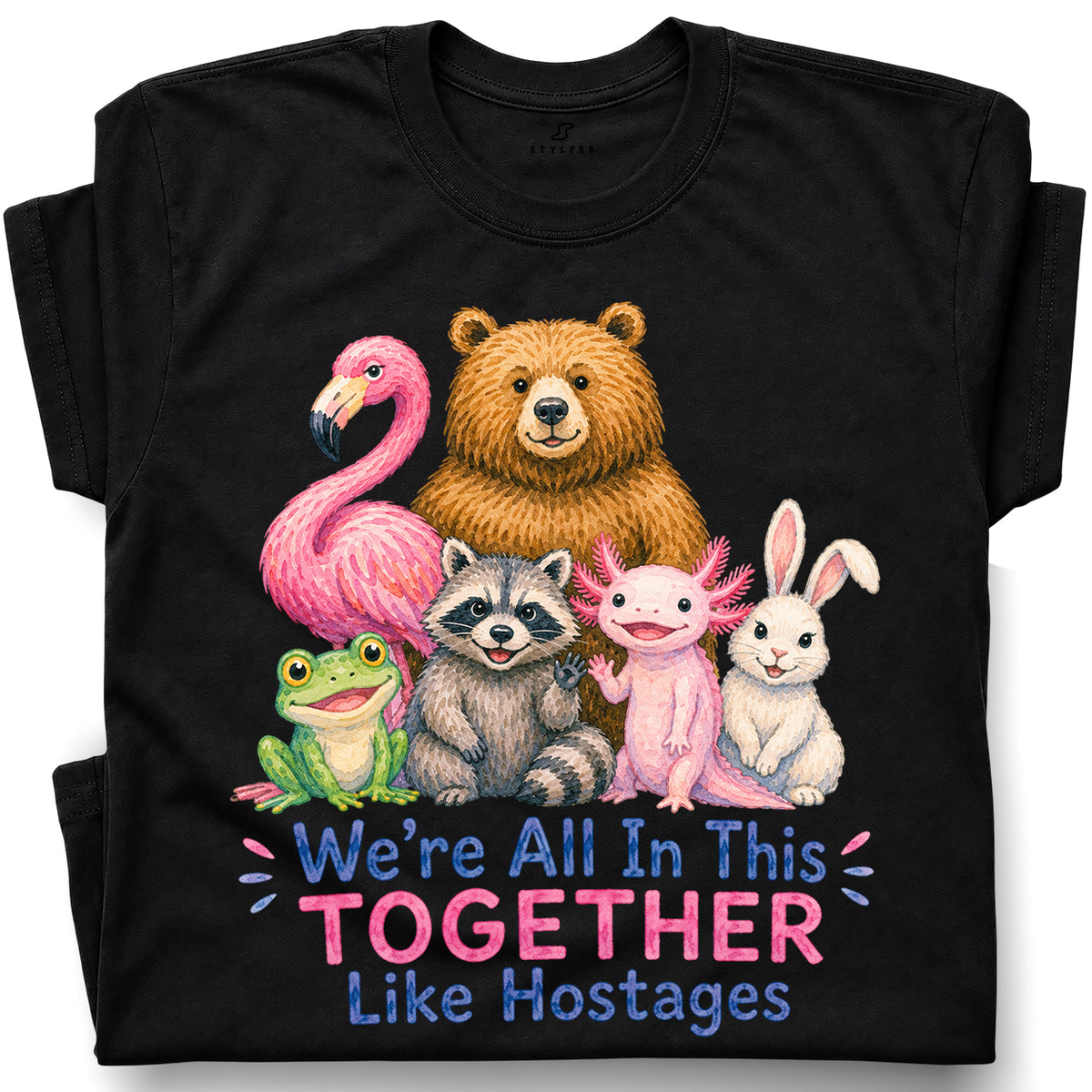 SF_COLOR=black; SF_ITEM=adult-t-shirt; SF_ROLE=gallery; Animals Together Like Hostages Flamingo Bear T-Shirt Funny Cute Crew Tee - Black Adult T-Shirt product image