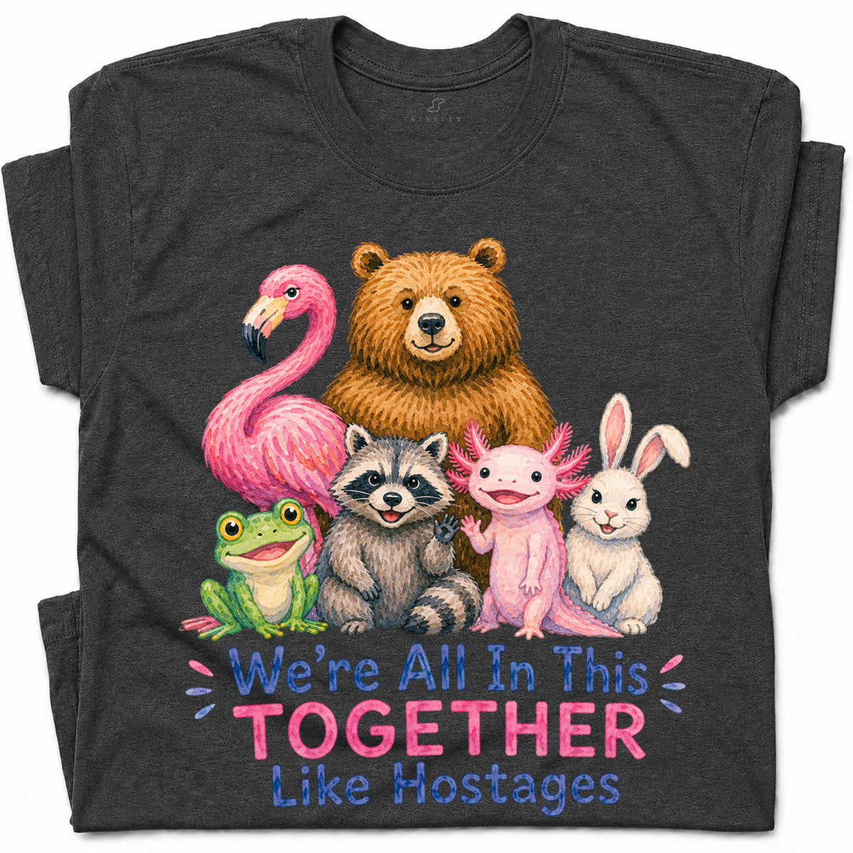 SF_COLOR=dark-heather; SF_ITEM=adult-t-shirt; SF_ROLE=gallery; Animals Together Like Hostages Flamingo Bear T-Shirt Funny Cute Crew Tee - Dark Heather Adult T-Shirt product image