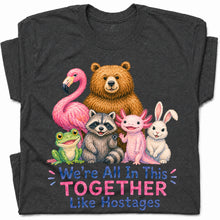 SF_COLOR=dark-heather; SF_ITEM=adult-t-shirt; SF_ROLE=gallery; Animals Together Like Hostages Flamingo Bear T-Shirt Funny Cute Crew Tee - Dark Heather Adult T-Shirt product image