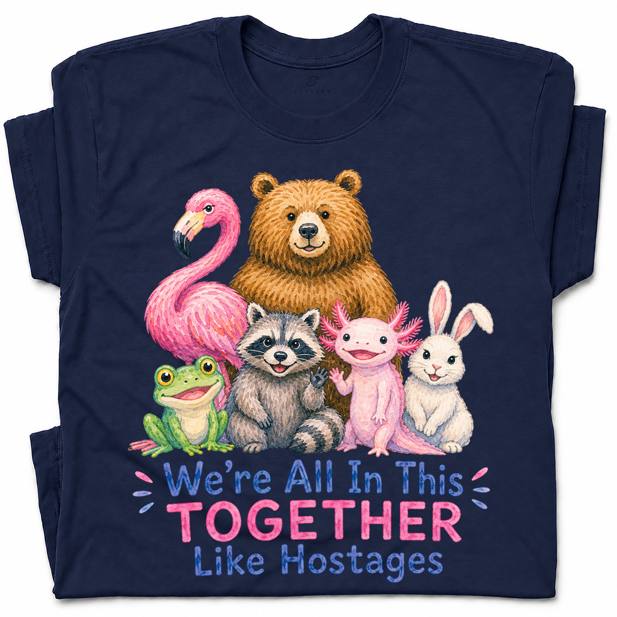 SF_COLOR=navy; SF_ITEM=adult-t-shirt; SF_ROLE=gallery; Animals Together Like Hostages Flamingo Bear T-Shirt Funny Cute Crew Tee - Navy Adult T-Shirt product image