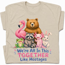 SF_COLOR=sand; SF_ITEM=adult-t-shirt; SF_ROLE=gallery; Animals Together Like Hostages Flamingo Bear T-Shirt Funny Cute Crew Tee - Sand Adult T-Shirt product image