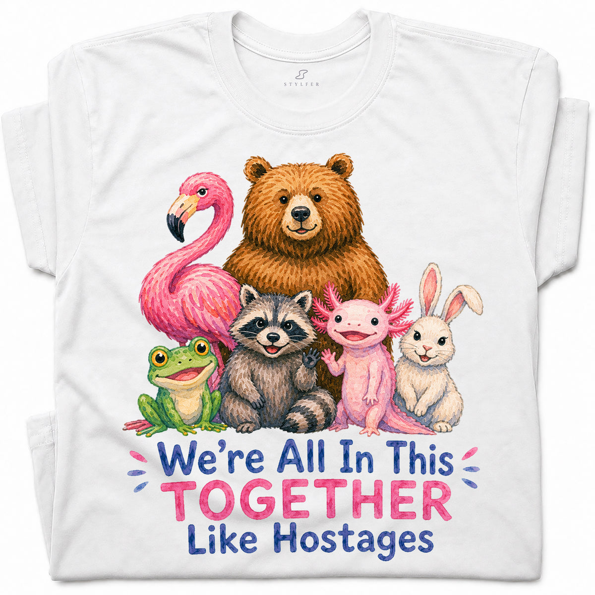 SF_COLOR=white; SF_ITEM=adult-t-shirt; SF_ROLE=gallery; Animals Together Like Hostages Flamingo Bear T-Shirt Funny Cute Crew Tee - White Adult T-Shirt product image