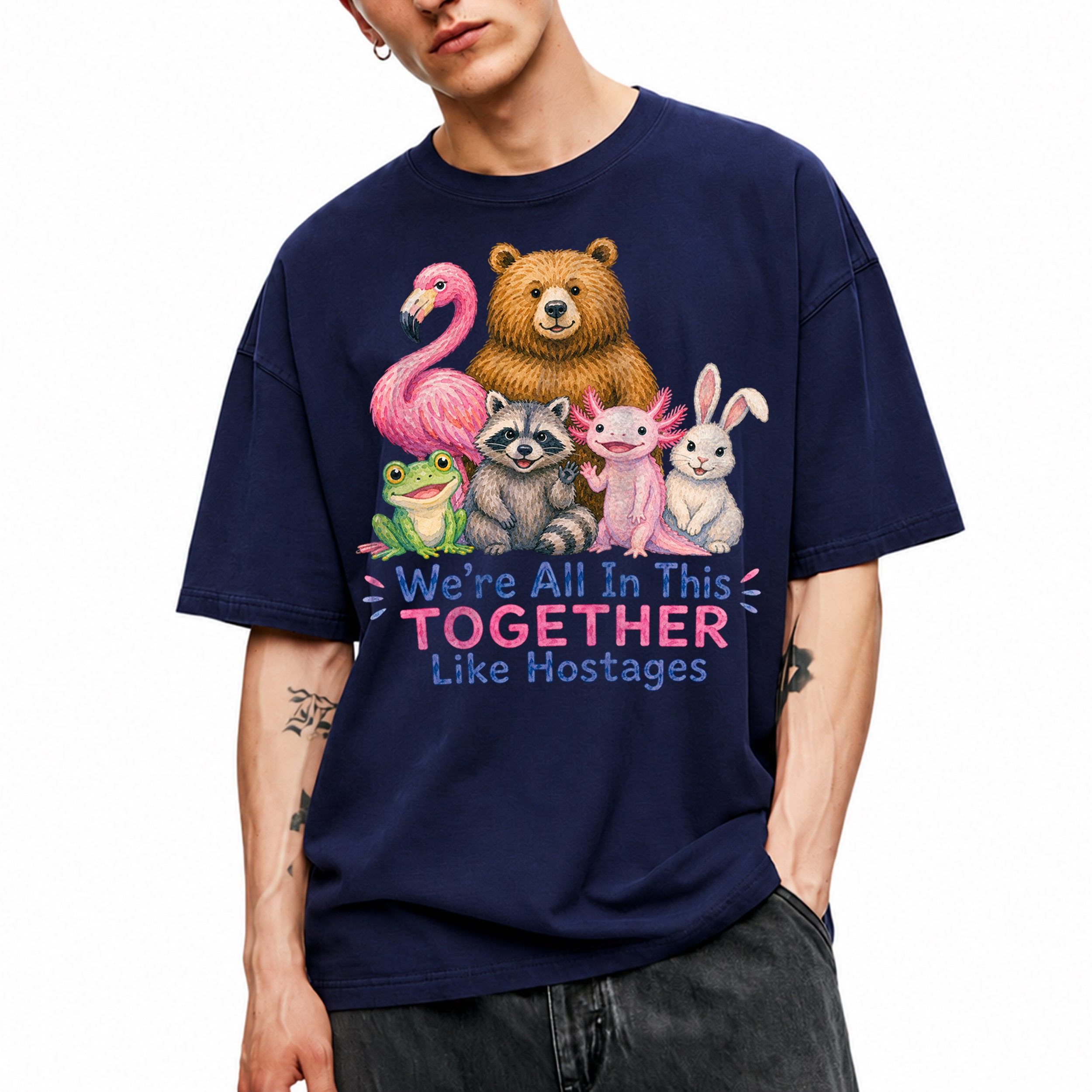 SF_COLOR=navy; SF_ITEM=adult-t-shirt; SF_ROLE=main; Animals Together Like Hostages Flamingo Bear T-Shirt Funny Cute Crew Tee - Navy Adult T-Shirt product image