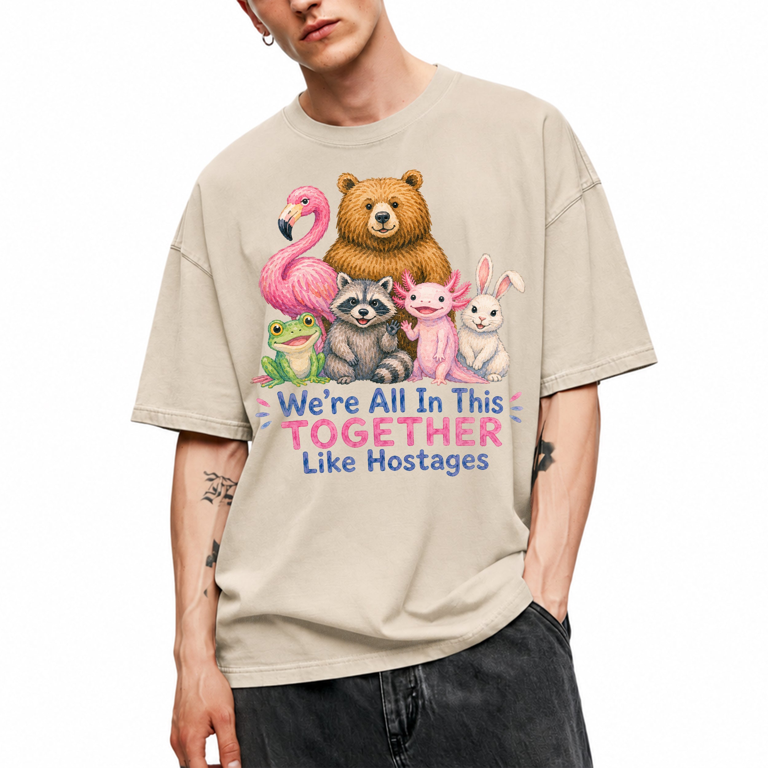 SF_COLOR=sand; SF_ITEM=adult-t-shirt; SF_ROLE=main; Animals Together Like Hostages Flamingo Bear T-Shirt Funny Cute Crew Tee - Sand Adult T-Shirt product image