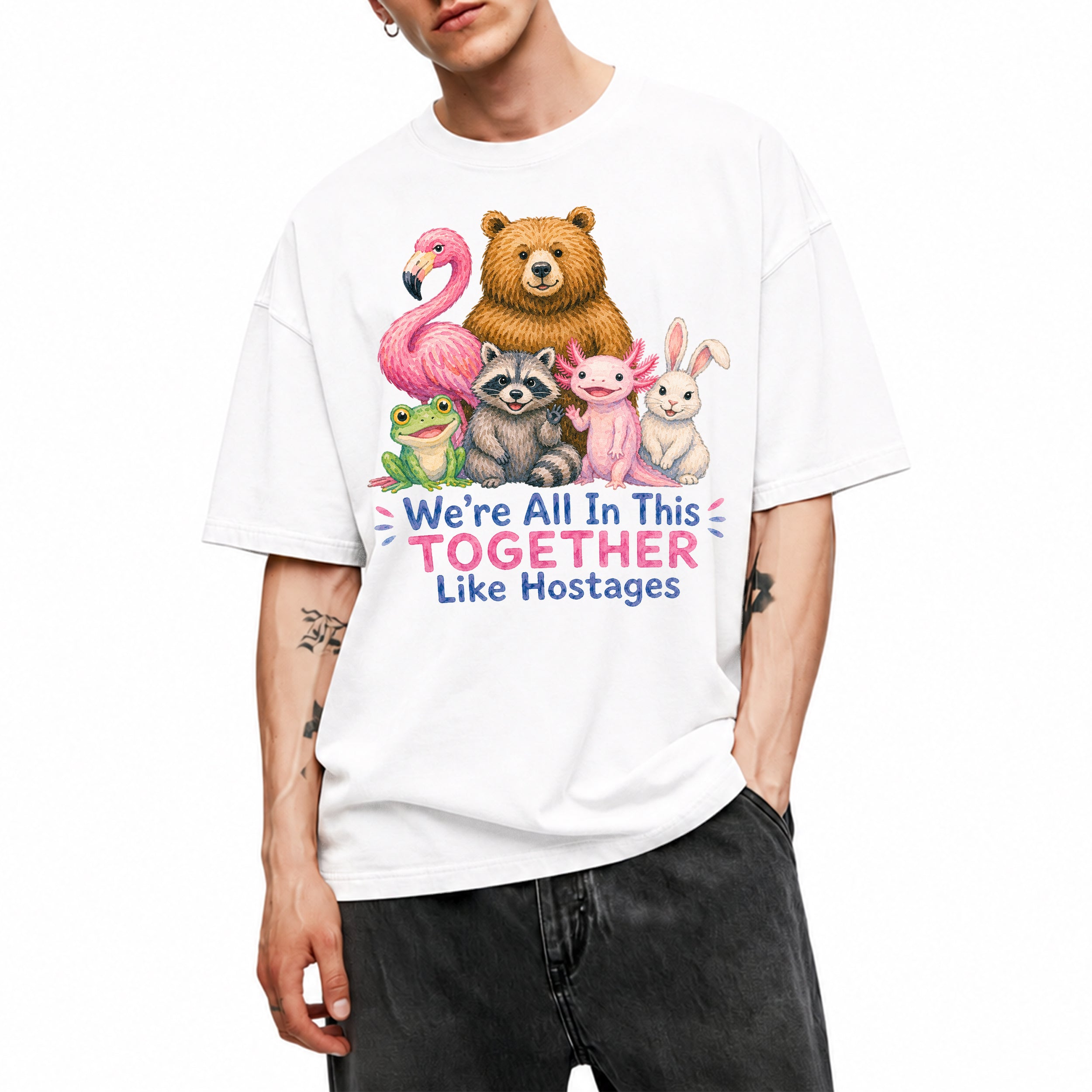 SF_COLOR=white; SF_ITEM=adult-t-shirt; SF_ROLE=main; Animals Together Like Hostages Flamingo Bear T-Shirt Funny Cute Crew Tee - White Adult T-Shirt product image