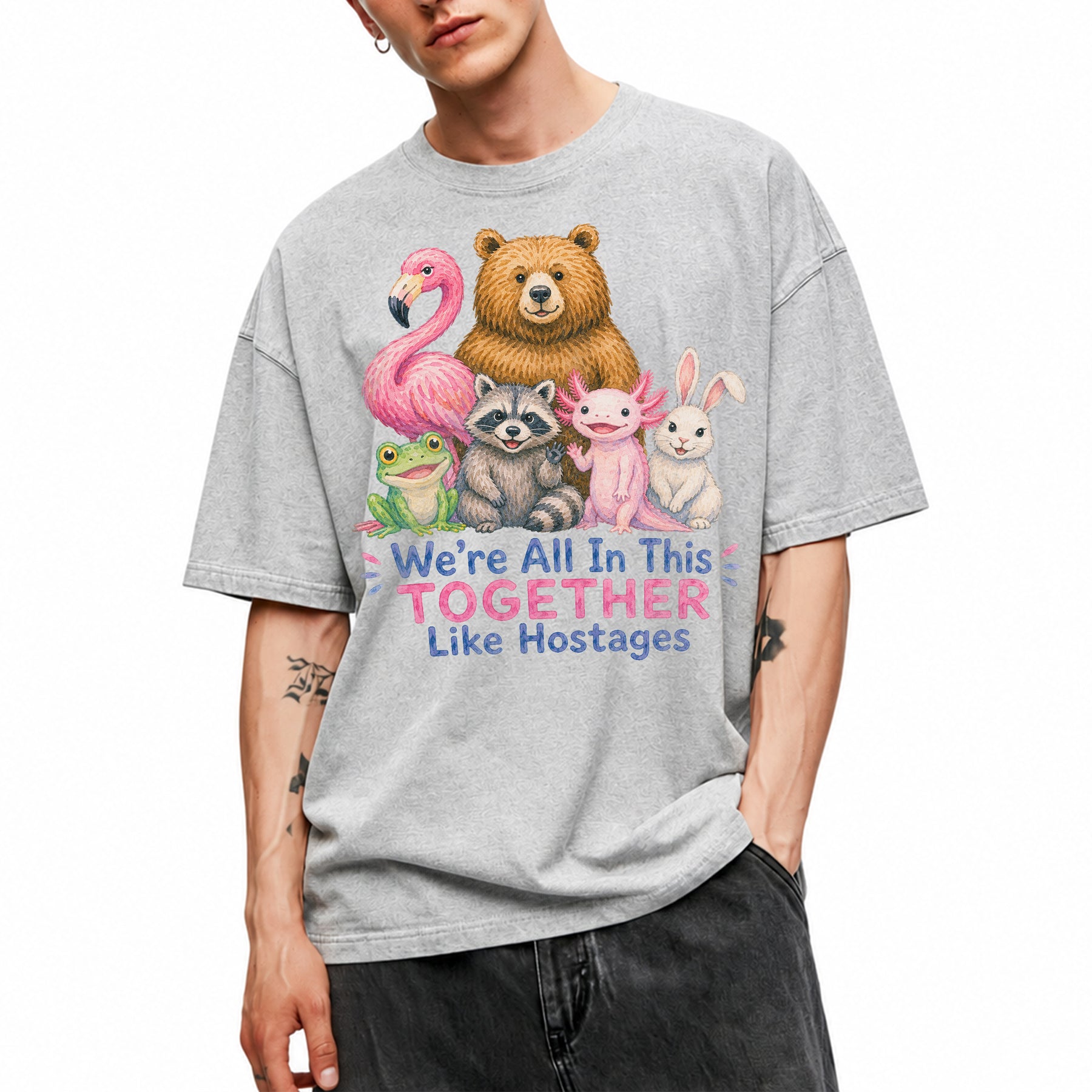 SF_COLOR=sport-grey; SF_ITEM=adult-t-shirt; SF_ROLE=main; Animals Together Like Hostages Flamingo Bear T-Shirt Funny Cute Crew Tee - Sport Grey Adult T-Shirt product image