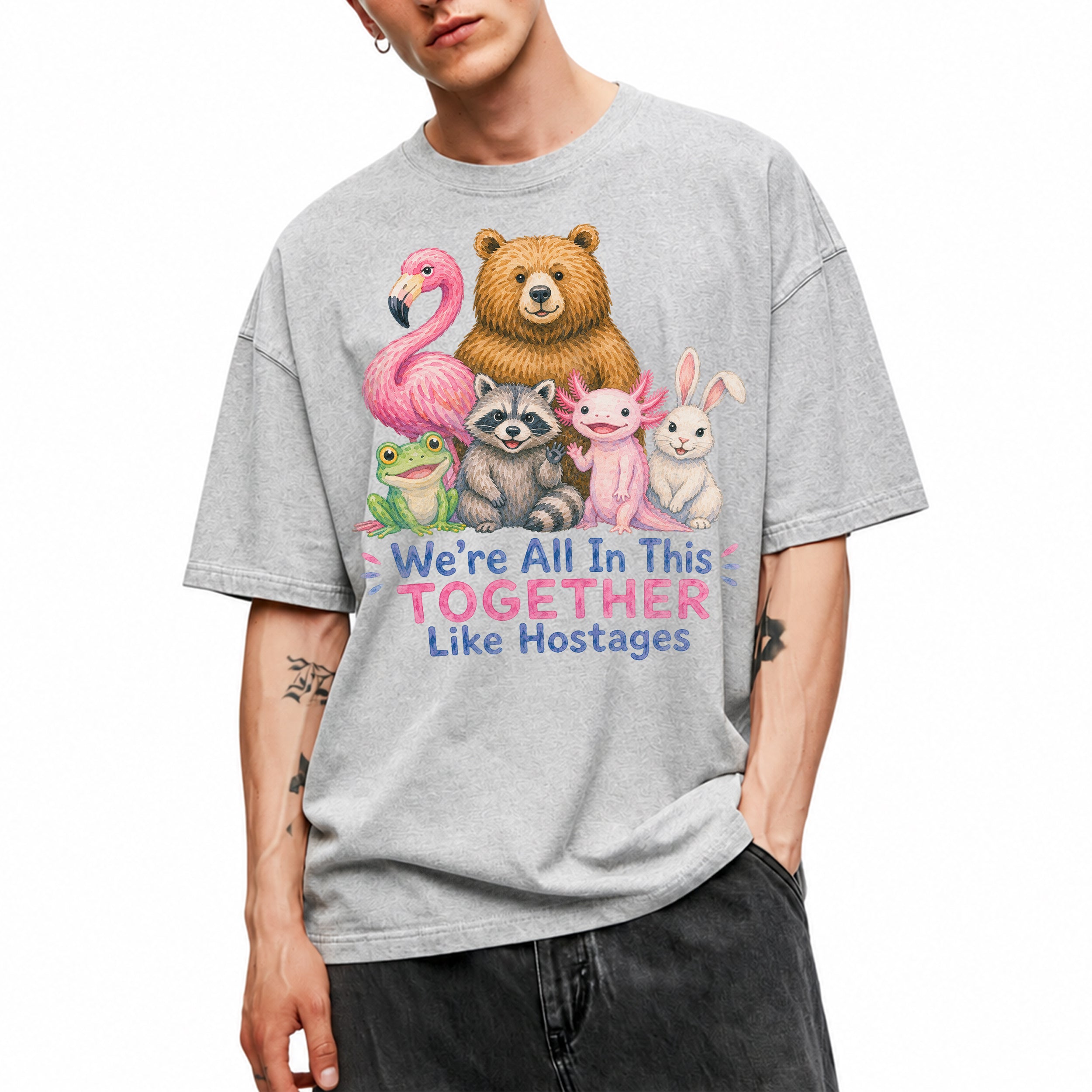 SF_COLOR=sport-grey; SF_ITEM=adult-t-shirt; SF_ROLE=main; Animals Together Like Hostages Flamingo Bear T-Shirt Funny Cute Crew Tee - Sport Grey Adult T-Shirt product image