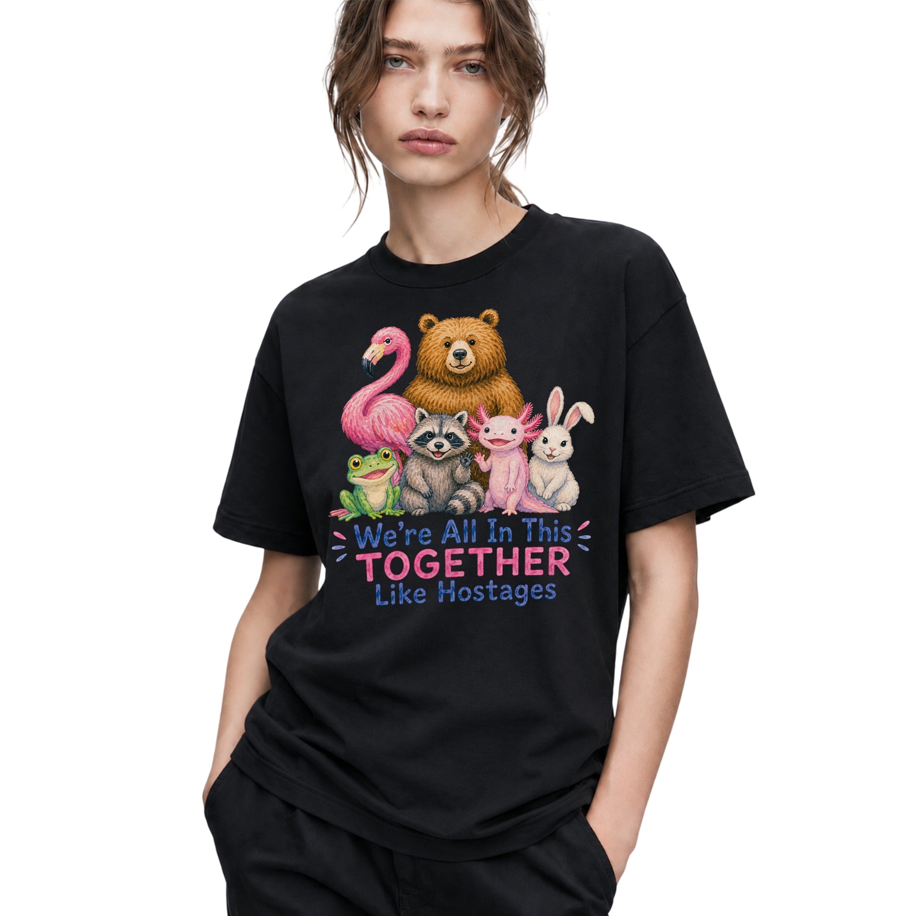 SF_COLOR=black; SF_ITEM=adult-t-shirt; SF_ROLE=gallery; Animals Together Like Hostages Flamingo Bear T-Shirt Funny Cute Crew Tee - Black Adult T-Shirt product image