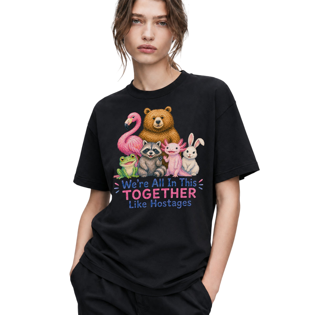 SF_COLOR=black; SF_ITEM=adult-t-shirt; SF_ROLE=gallery; Animals Together Like Hostages Flamingo Bear T-Shirt Funny Cute Crew Tee - Black Adult T-Shirt product image