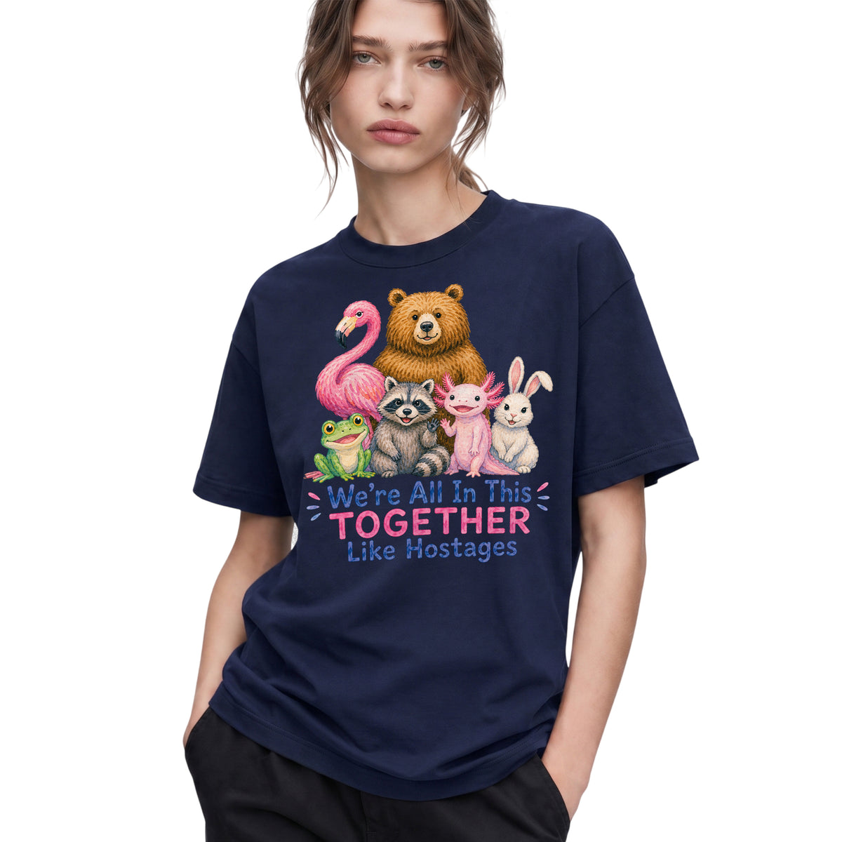 SF_COLOR=navy; SF_ITEM=adult-t-shirt; SF_ROLE=gallery; Animals Together Like Hostages Flamingo Bear T-Shirt Funny Cute Crew Tee - Navy Adult T-Shirt product image