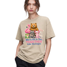 SF_COLOR=sand; SF_ITEM=adult-t-shirt; SF_ROLE=gallery; Animals Together Like Hostages Flamingo Bear T-Shirt Funny Cute Crew Tee - Sand Adult T-Shirt product image