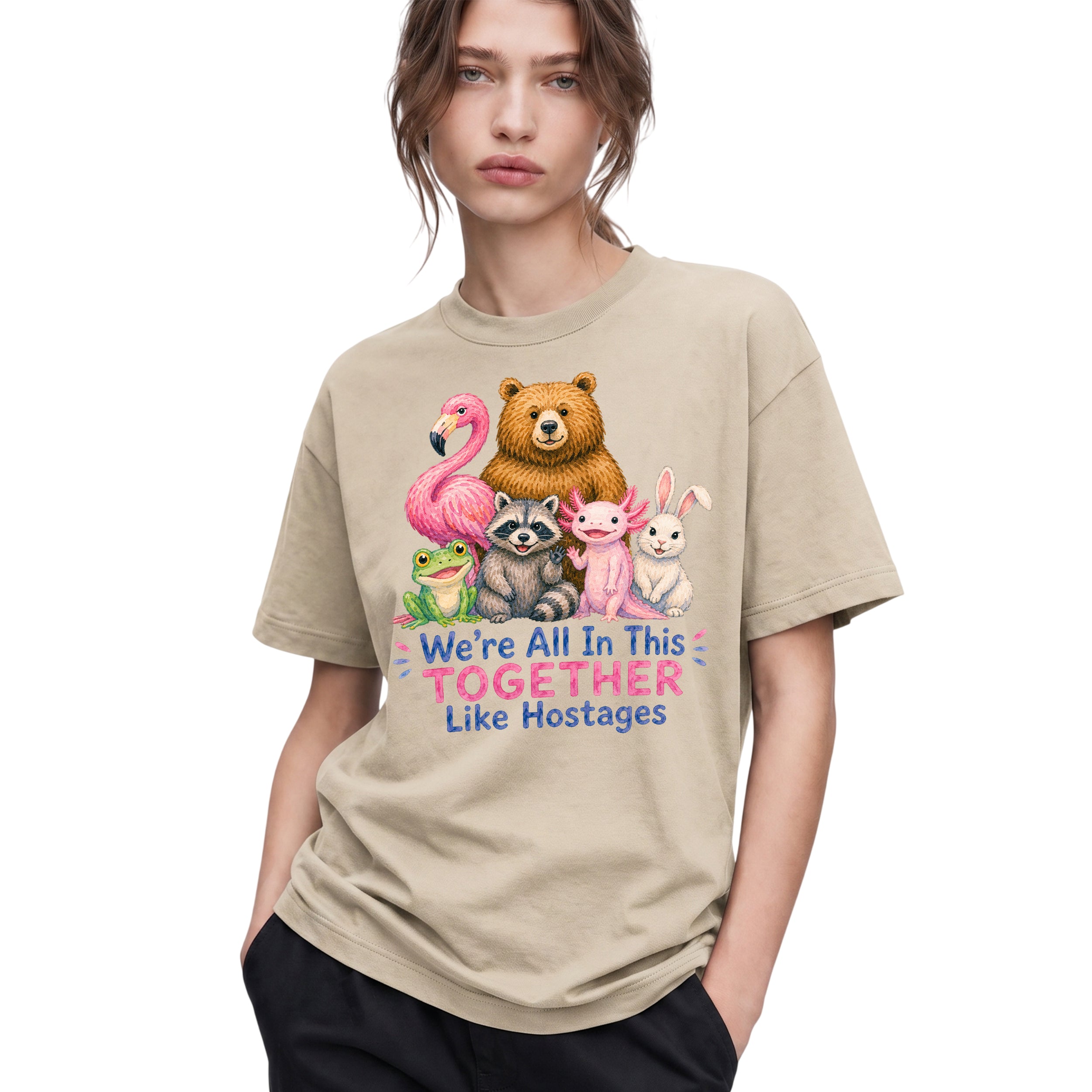 SF_COLOR=sand; SF_ITEM=adult-t-shirt; SF_ROLE=gallery; Animals Together Like Hostages Flamingo Bear T-Shirt Funny Cute Crew Tee - Sand Adult T-Shirt product image