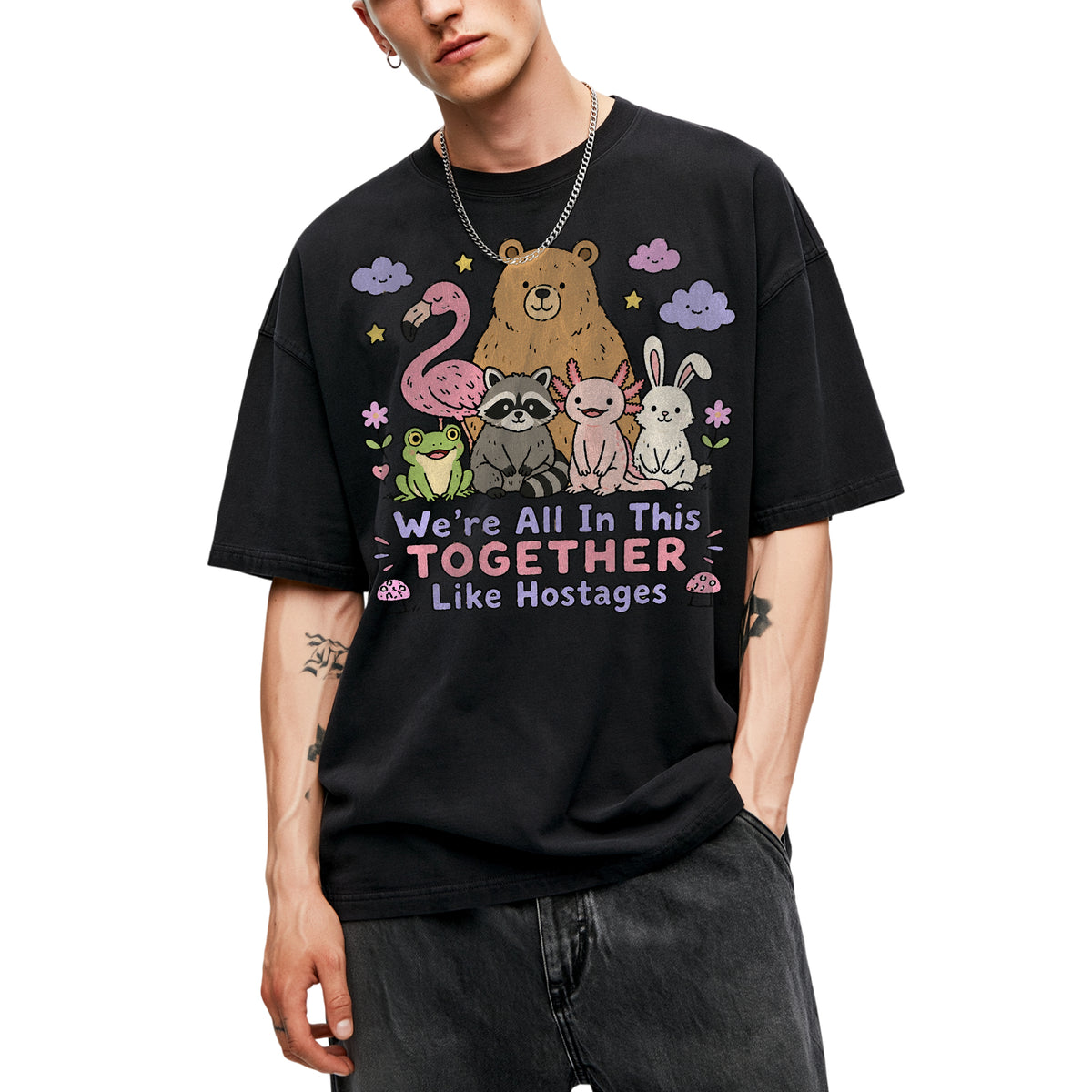 SF_COLOR=black; SF_ITEM=adult-t-shirt; SF_ROLE=main; Animals Together Like Hostages Bear Raccoon T-Shirt Cute Funny Group Tee - Black Adult T-Shirt product image