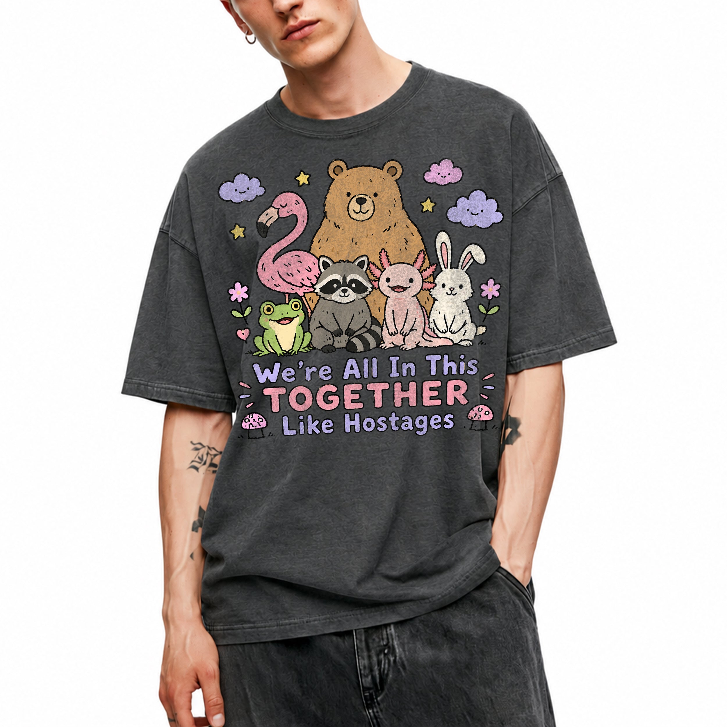 SF_COLOR=dark-heather; SF_ITEM=adult-t-shirt; SF_ROLE=main; Animals Together Like Hostages Bear Raccoon T-Shirt Cute Funny Group Tee - Dark Heather Adult T-Shirt product image