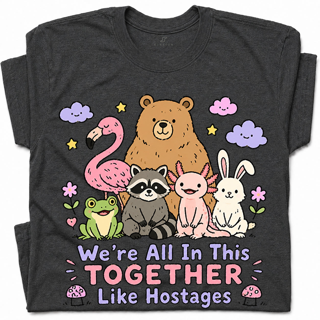 SF_COLOR=dark-heather; SF_ITEM=adult-t-shirt; SF_ROLE=gallery; Animals Together Like Hostages Bear Raccoon T-Shirt Cute Funny Group Tee - Dark Heather Adult T-Shirt product image