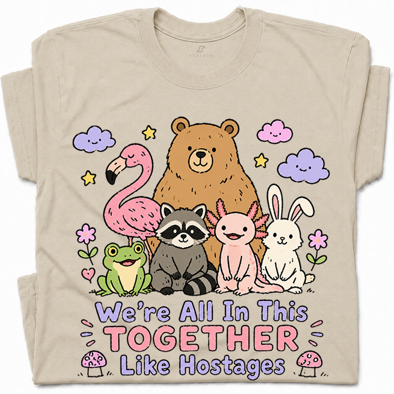 SF_COLOR=sand; SF_ITEM=adult-t-shirt; SF_ROLE=gallery; Animals Together Like Hostages Bear Raccoon T-Shirt Cute Funny Group Tee - Sand Adult T-Shirt product image