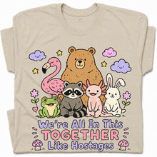 SF_COLOR=sand; SF_ITEM=adult-t-shirt; SF_ROLE=gallery; Animals Together Like Hostages Bear Raccoon T-Shirt Cute Funny Group Tee - Sand Adult T-Shirt product image