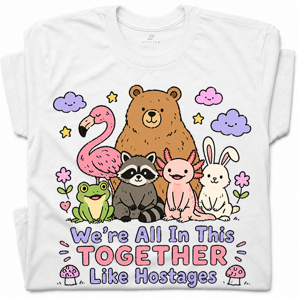 SF_COLOR=white; SF_ITEM=adult-t-shirt; SF_ROLE=gallery; Animals Together Like Hostages Bear Raccoon T-Shirt Cute Funny Group Tee - White Adult T-Shirt product image