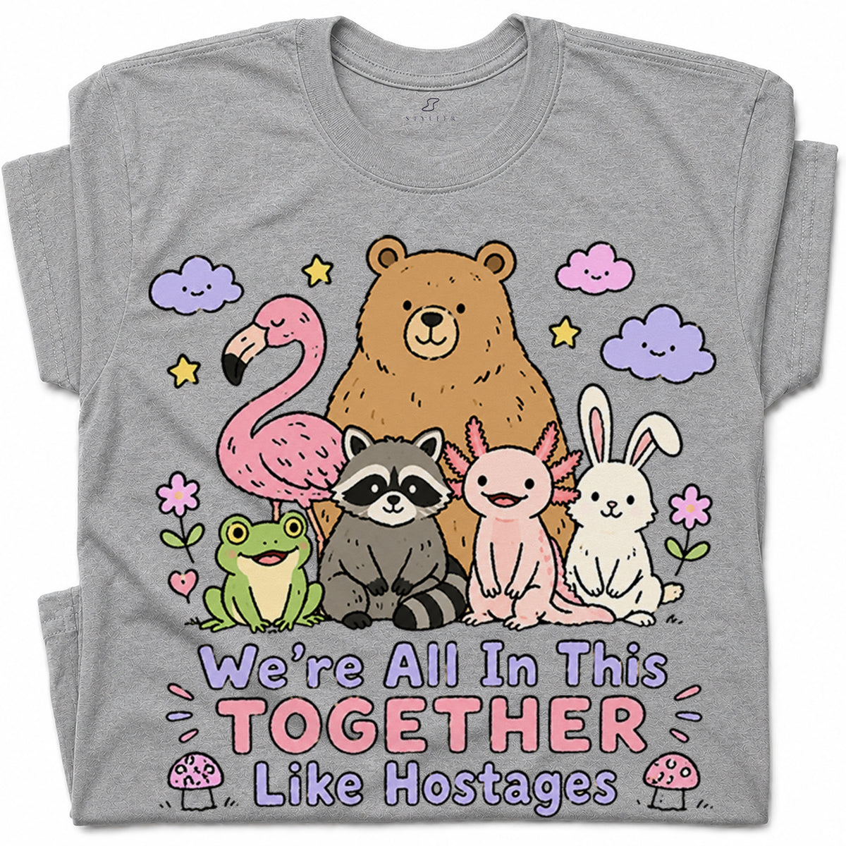SF_COLOR=sport-grey; SF_ITEM=adult-t-shirt; SF_ROLE=gallery; Animals Together Like Hostages Bear Raccoon T-Shirt Cute Funny Group Tee - Sport Grey Adult T-Shirt product image