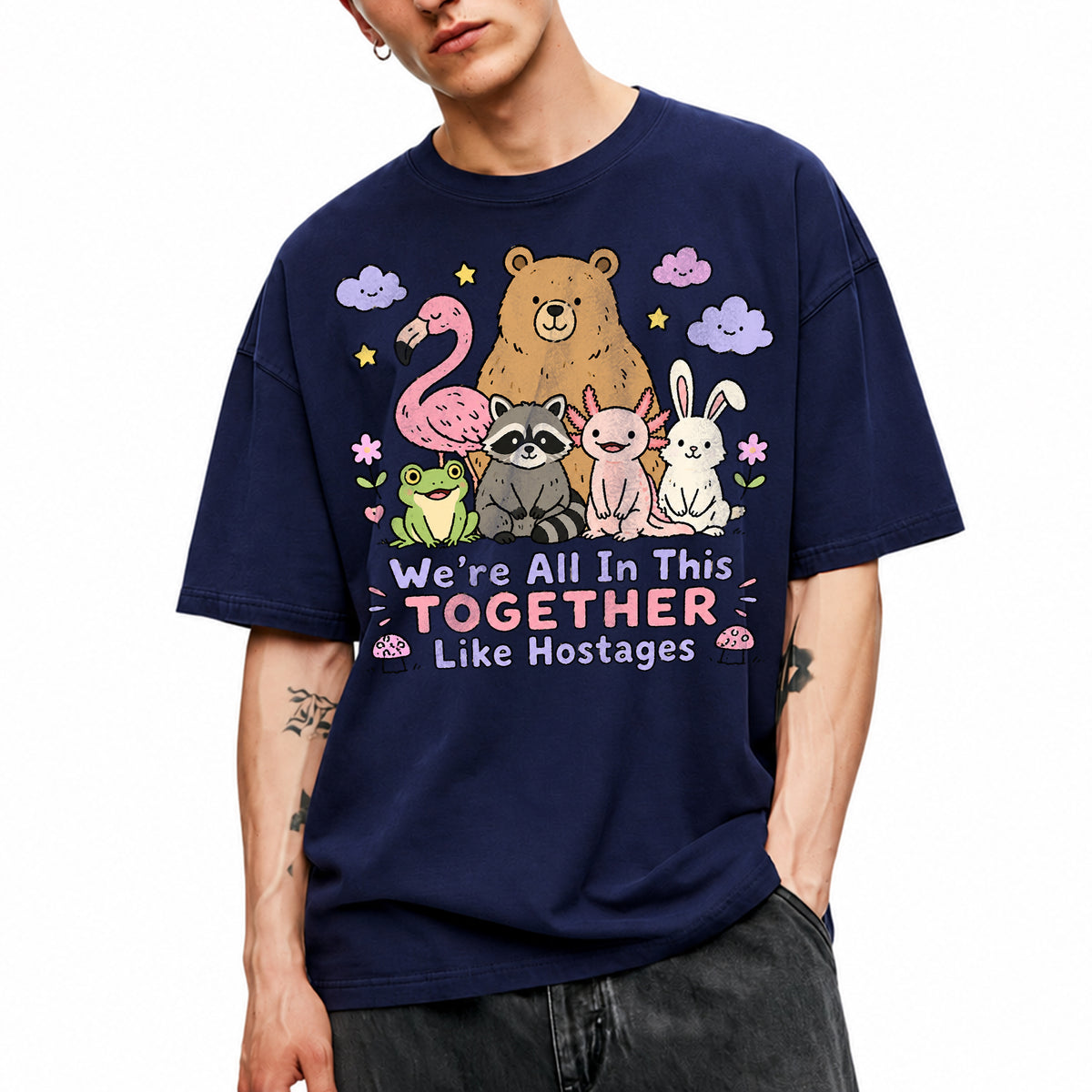 SF_COLOR=navy; SF_ITEM=adult-t-shirt; SF_ROLE=main; Animals Together Like Hostages Bear Raccoon T-Shirt Cute Funny Group Tee - Navy Adult T-Shirt product image