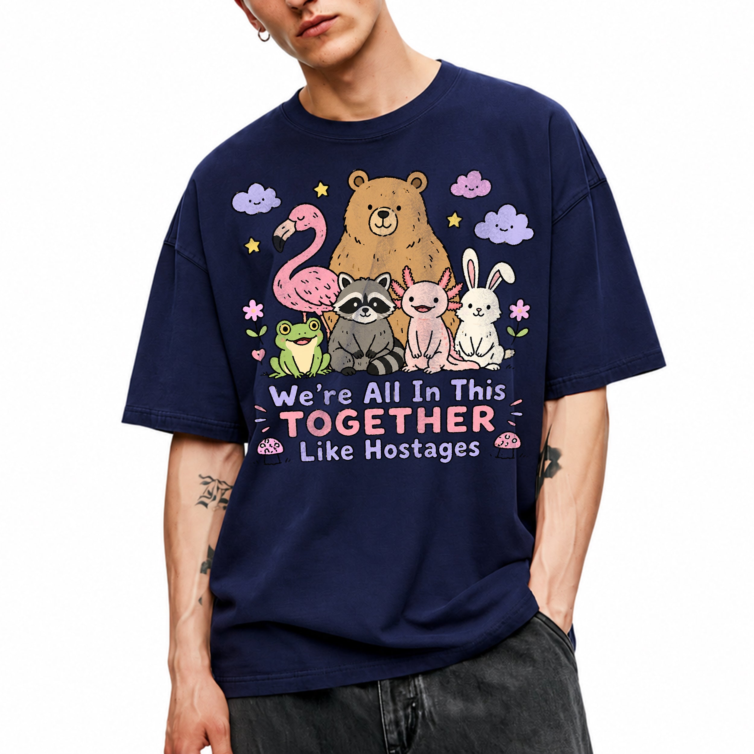 SF_COLOR=navy; SF_ITEM=adult-t-shirt; SF_ROLE=main; Animals Together Like Hostages Bear Raccoon T-Shirt Cute Funny Group Tee - Navy Adult T-Shirt product image
