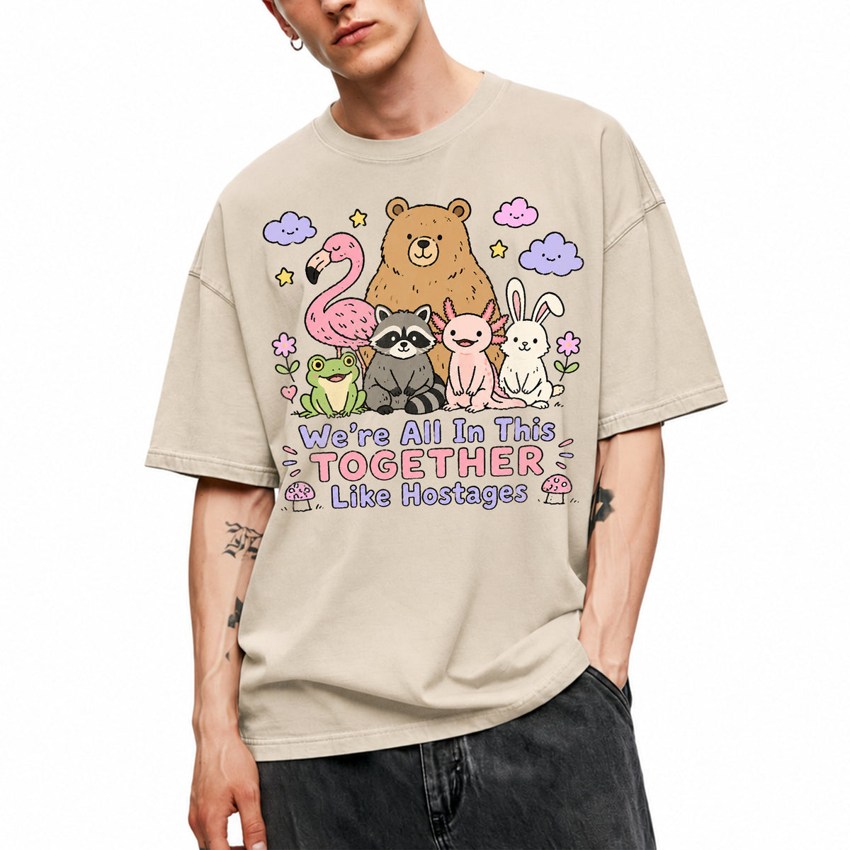 SF_COLOR=sand; SF_ITEM=adult-t-shirt; SF_ROLE=main; Animals Together Like Hostages Bear Raccoon T-Shirt Cute Funny Group Tee - Sand Adult T-Shirt product image
