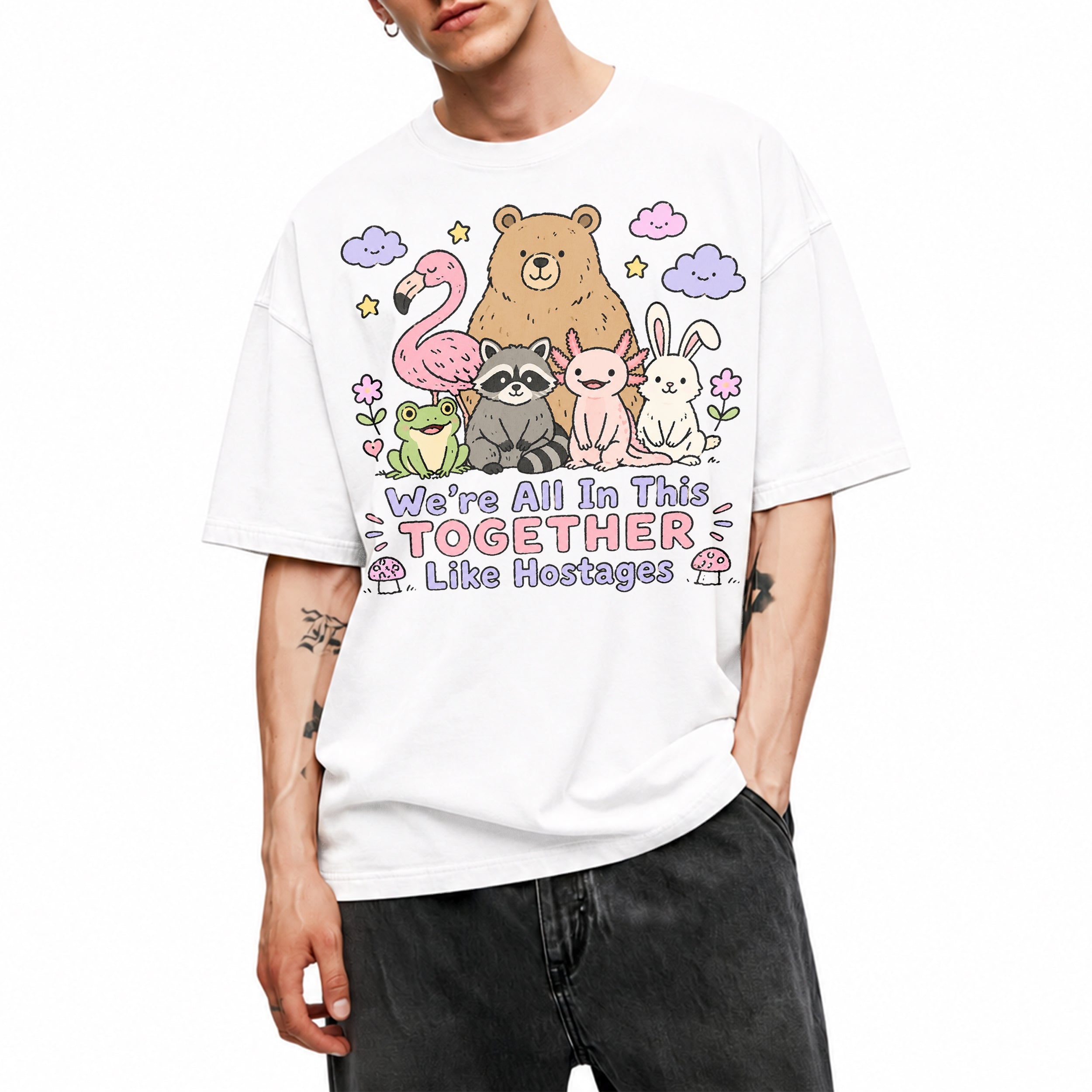 SF_COLOR=white; SF_ITEM=adult-t-shirt; SF_ROLE=main; Animals Together Like Hostages Bear Raccoon T-Shirt Cute Funny Group Tee - White Adult T-Shirt product image